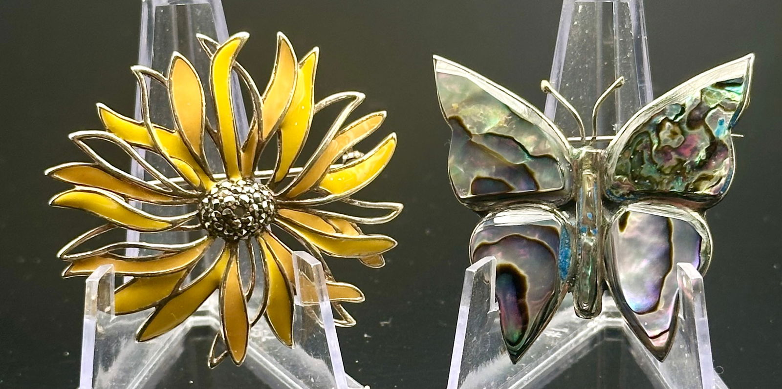 Vintage Brooch Lot – Israeli Sterling Enamel Flower & Alpaca Abalone Butterfly (18g) (1 of 11)