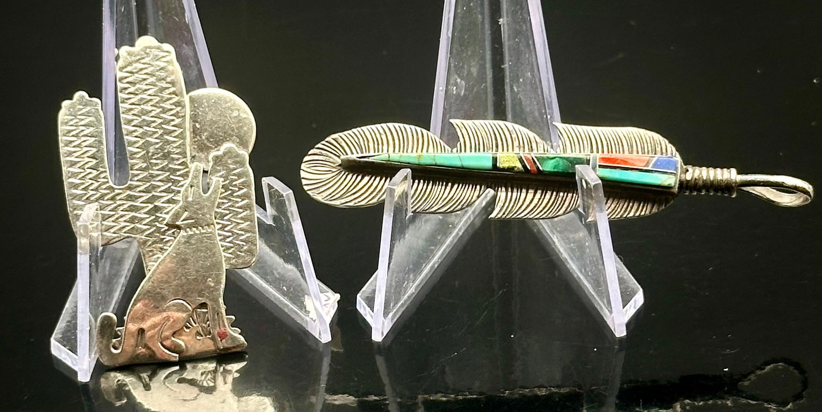 Signed Ben G. Chavez Sterling Silver Inlay Feather Pin/Pendant – 17g (1 of 10)