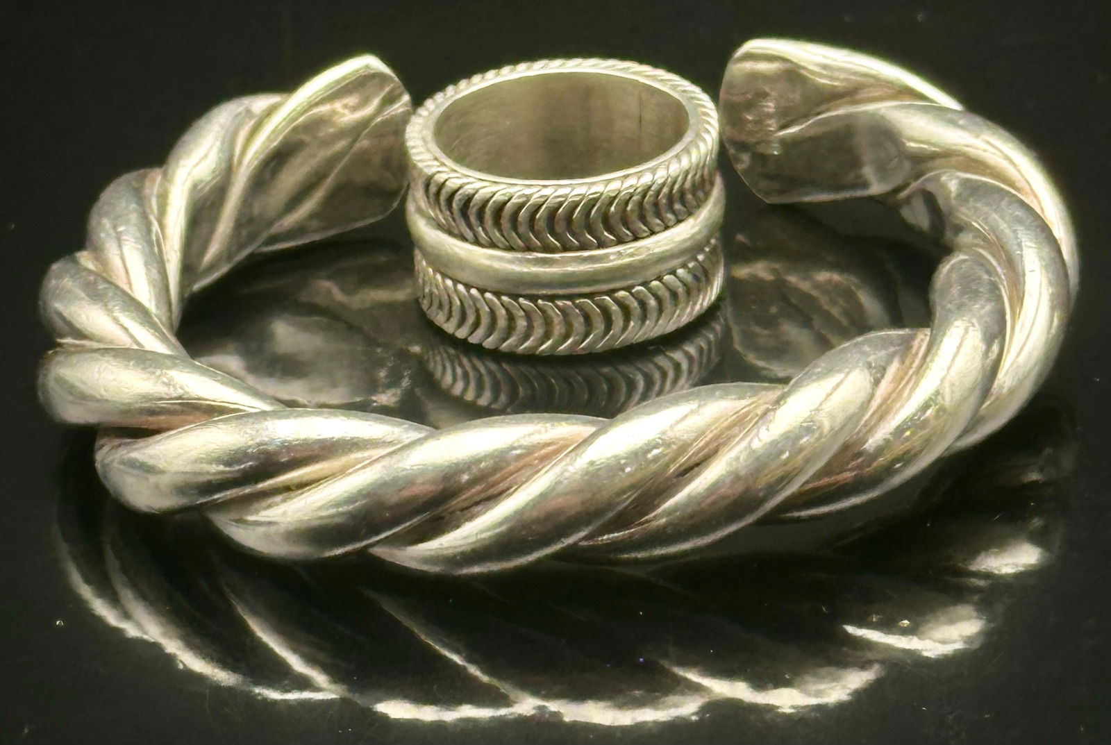 Vintage Sterling Silver Rope Cuff Bracelet & Spinner Ring – 50g (1 of 11)