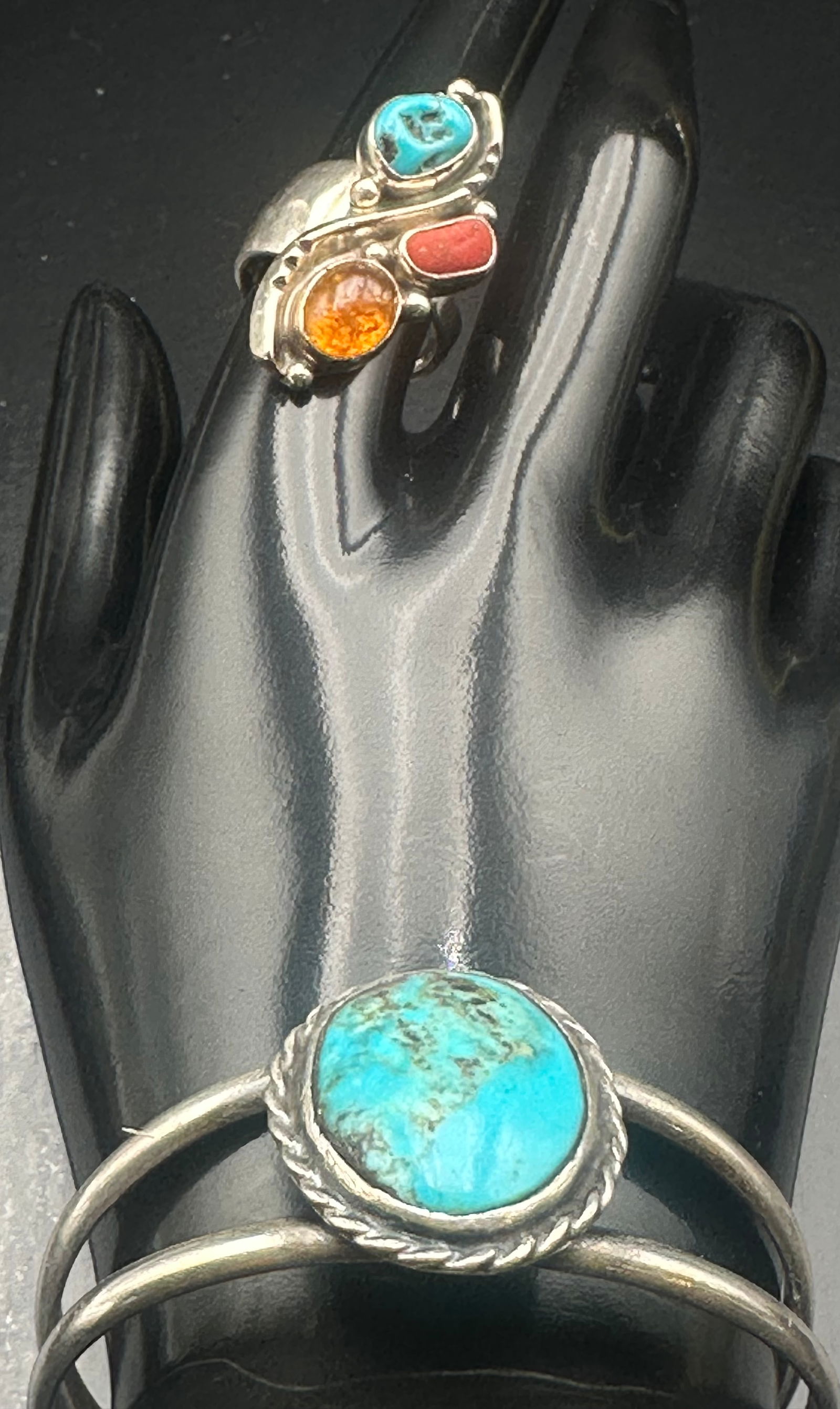 Vintage Sterling Silver Turquoise Cuff Bracelet & Multi-Stone Ring Set – 40g (1 of 11)
