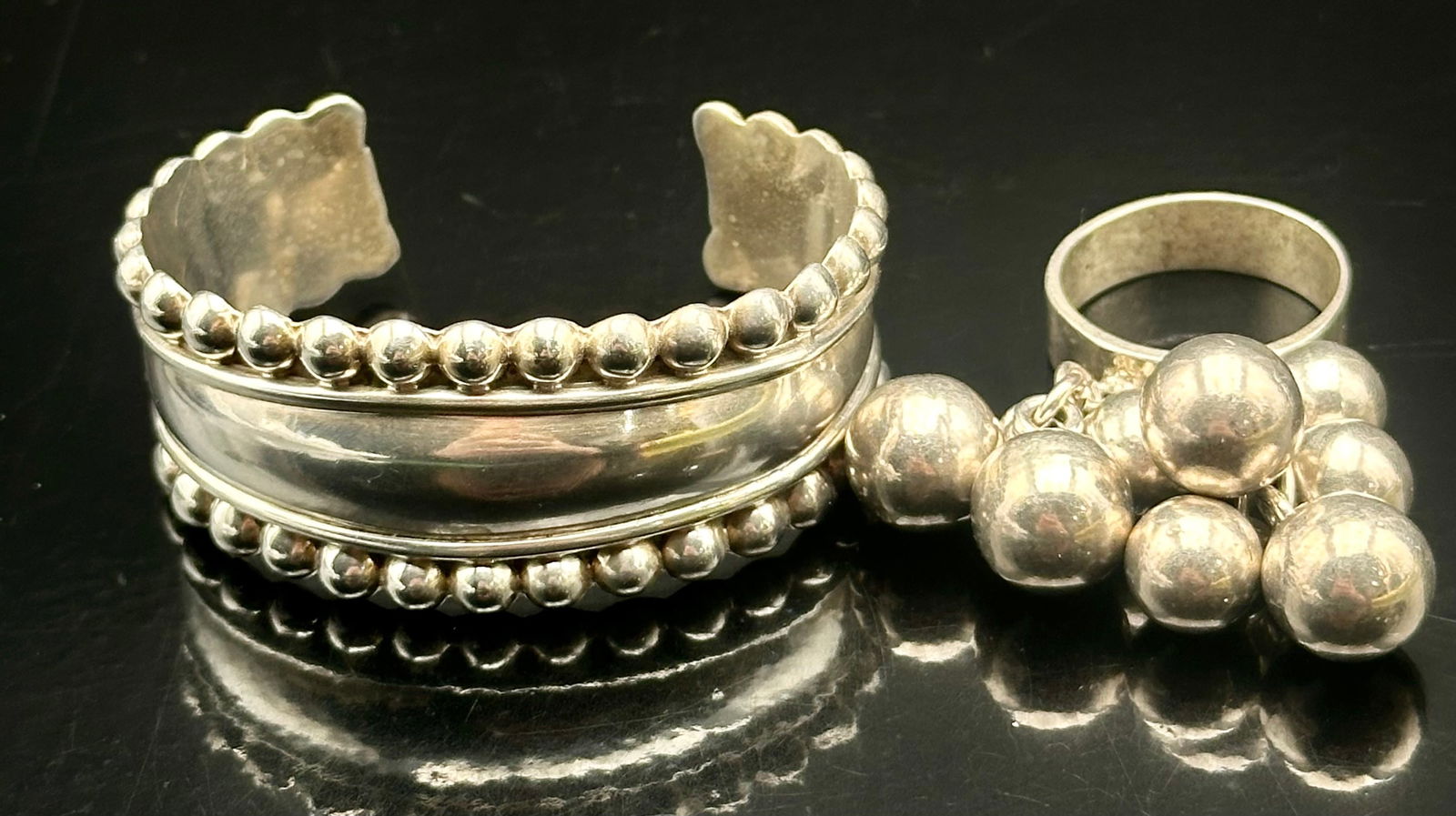 Vintage Sterling Silver Beaded Cuff Bracelet & Dangling Ball Ring Set – 59g (1 of 10)