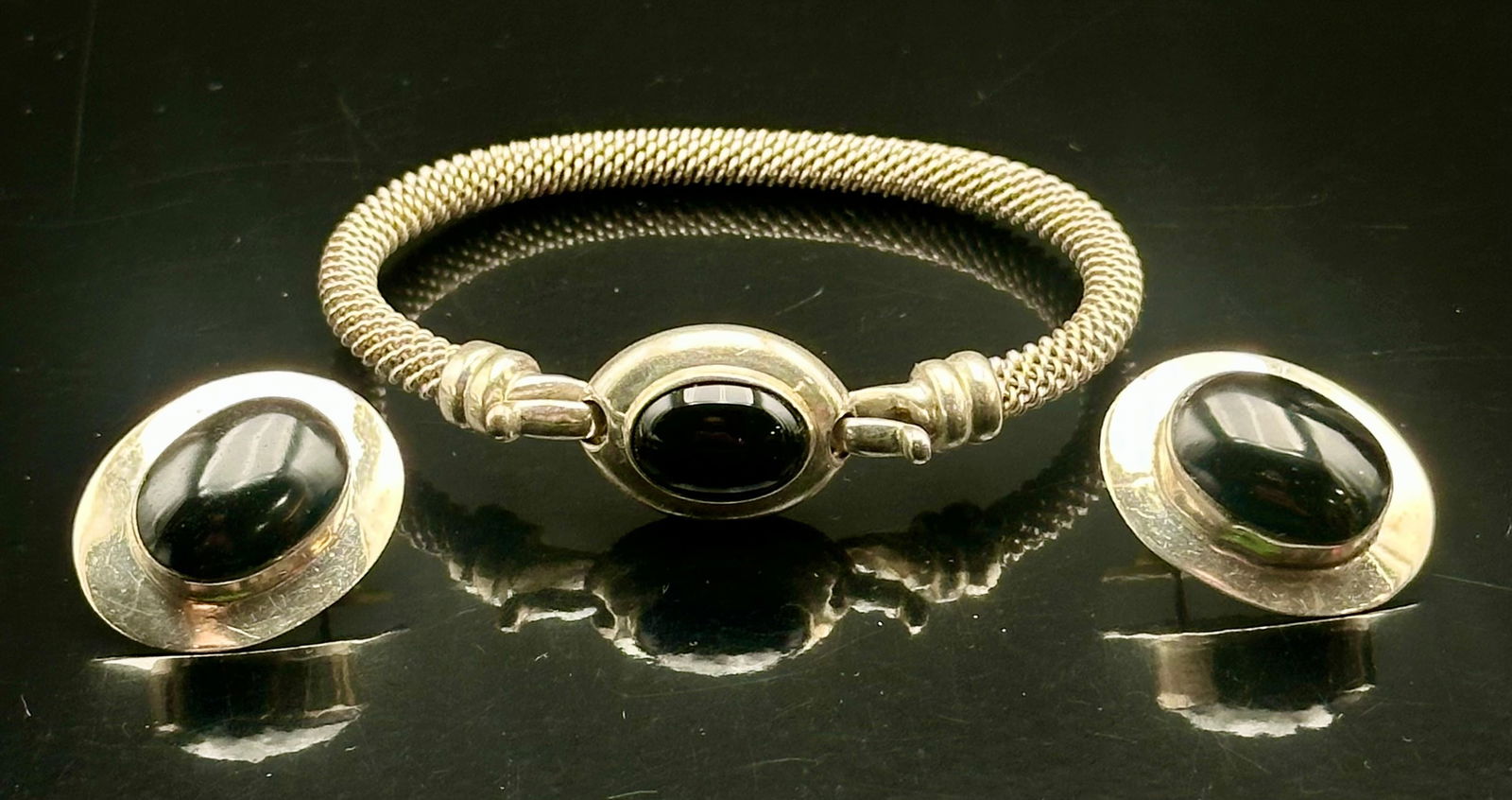 Vintage Sterling Silver Black Onyx Bracelet & Stud Earrings Set – 36g (1 of 13)
