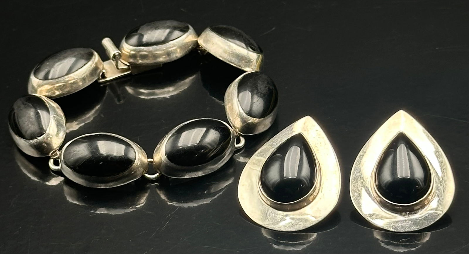 Vintage Mexican Sterling Silver Black Onyx Bracelet & Earrings Set (1 of 12)