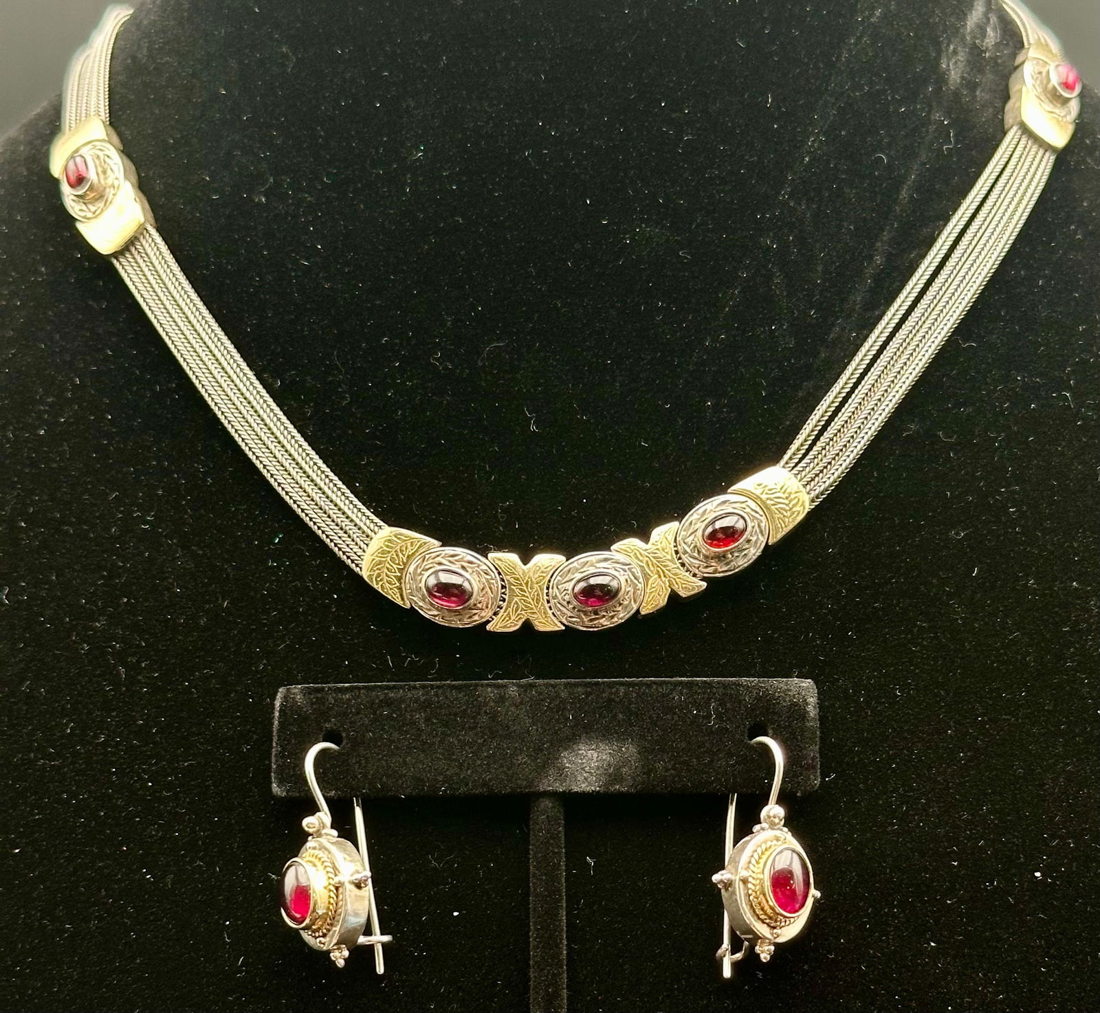 Anatoli Sterling Silver Gold-Plated Garnet Necklace & Earrings Set. 48g (1 of 16)