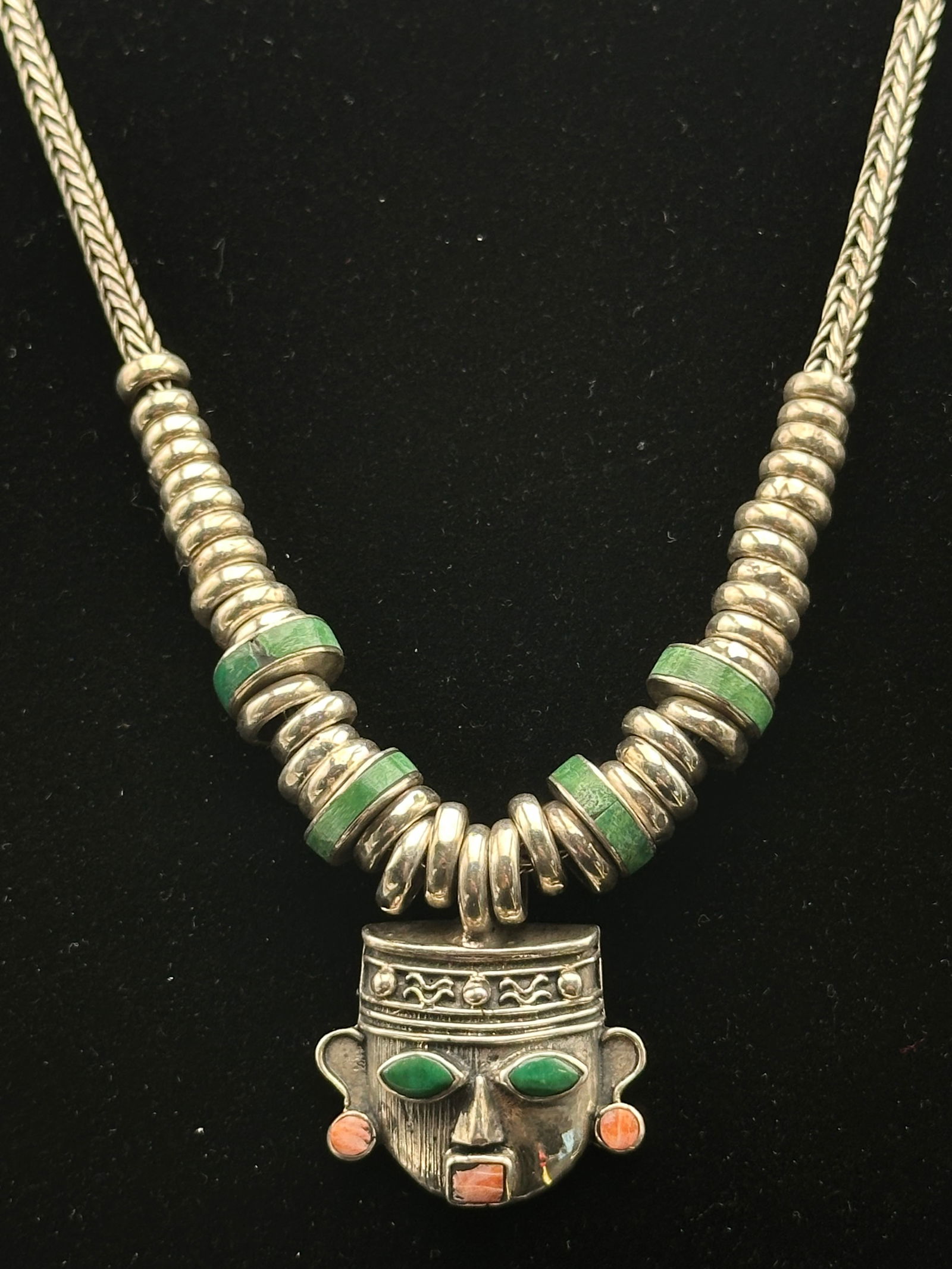 Vintage Mexican Sterling Silver Turquoise & Coral Mask Necklace. 76g (1 of 14)