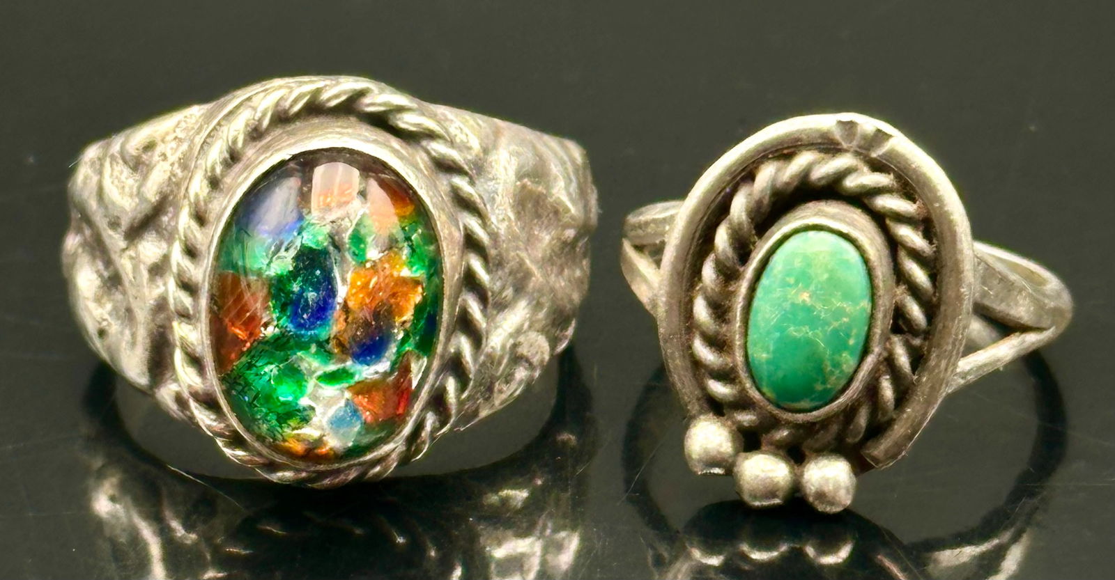 Two Vintage Sterling Silver Rings – Opal Mosaic & Turquoise (18g) (1 of 10)