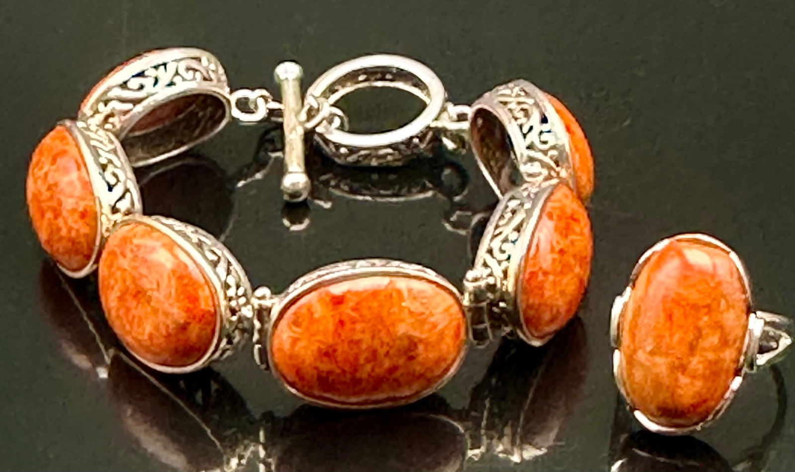 Mexican Sterling Silver Spiny Oyster Bracelet & Ring Set (42g) (1 of 9)