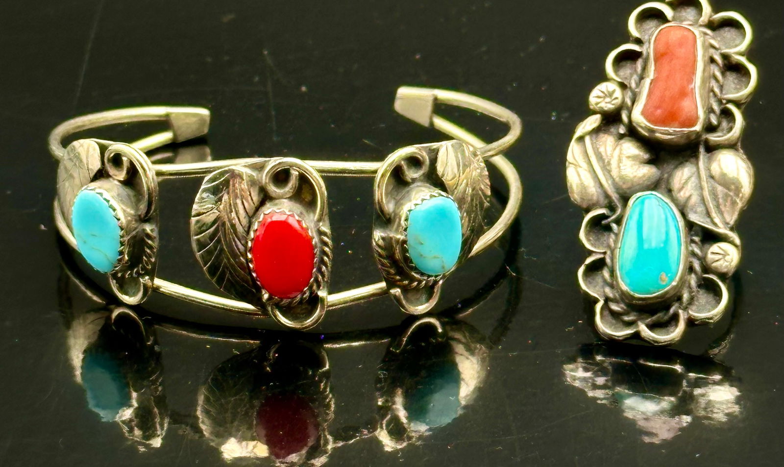 Vintage Silver Turquoise & Coral Cuff Bracelet with Ring: Vintage silver cuff bracelet and matching ring featuring turquoise and red coral cabochons. Handcrafted leaf and scroll design. Unmarked silver, consistent with older Native American–style jewelry.