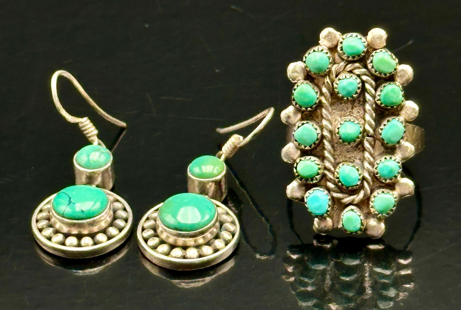 Navajo Sterling Silver Turquoise Cluster Ring & Earrings (1 of 14)