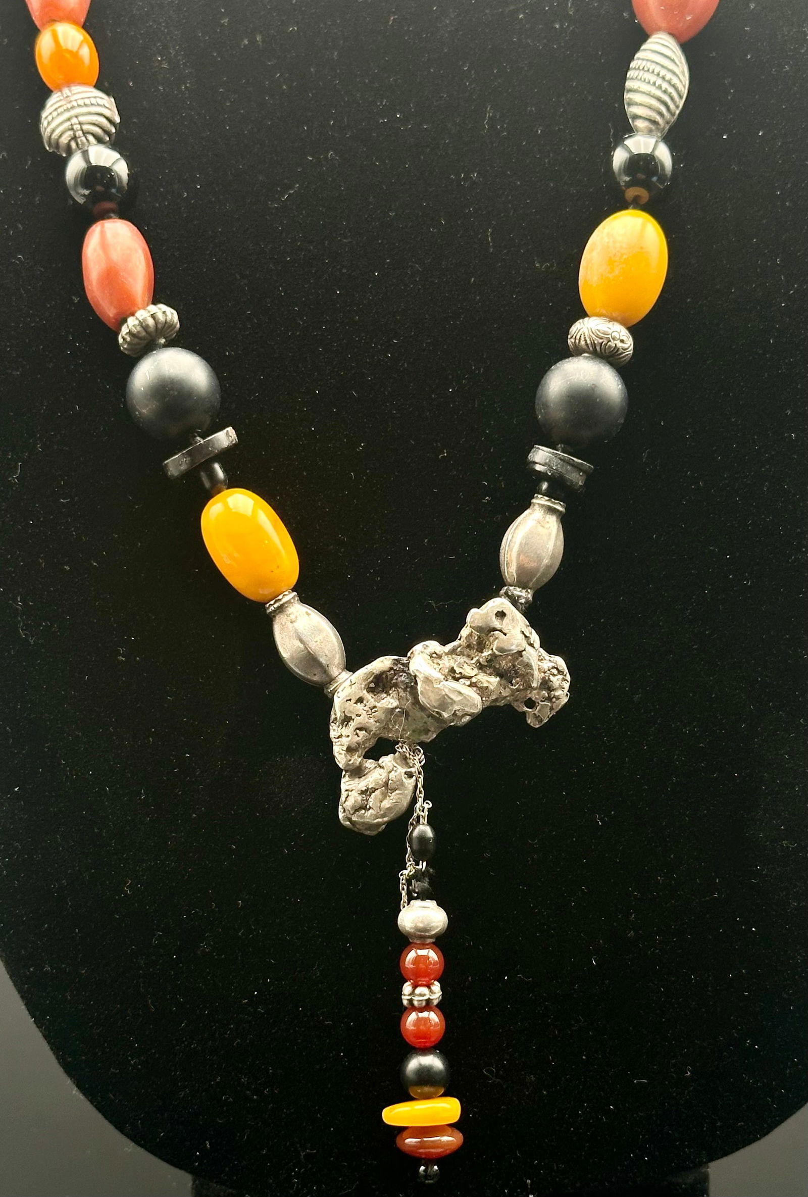 Vintage Beaded Necklace w Sculptural Metal Center & Drop (1 of 13)