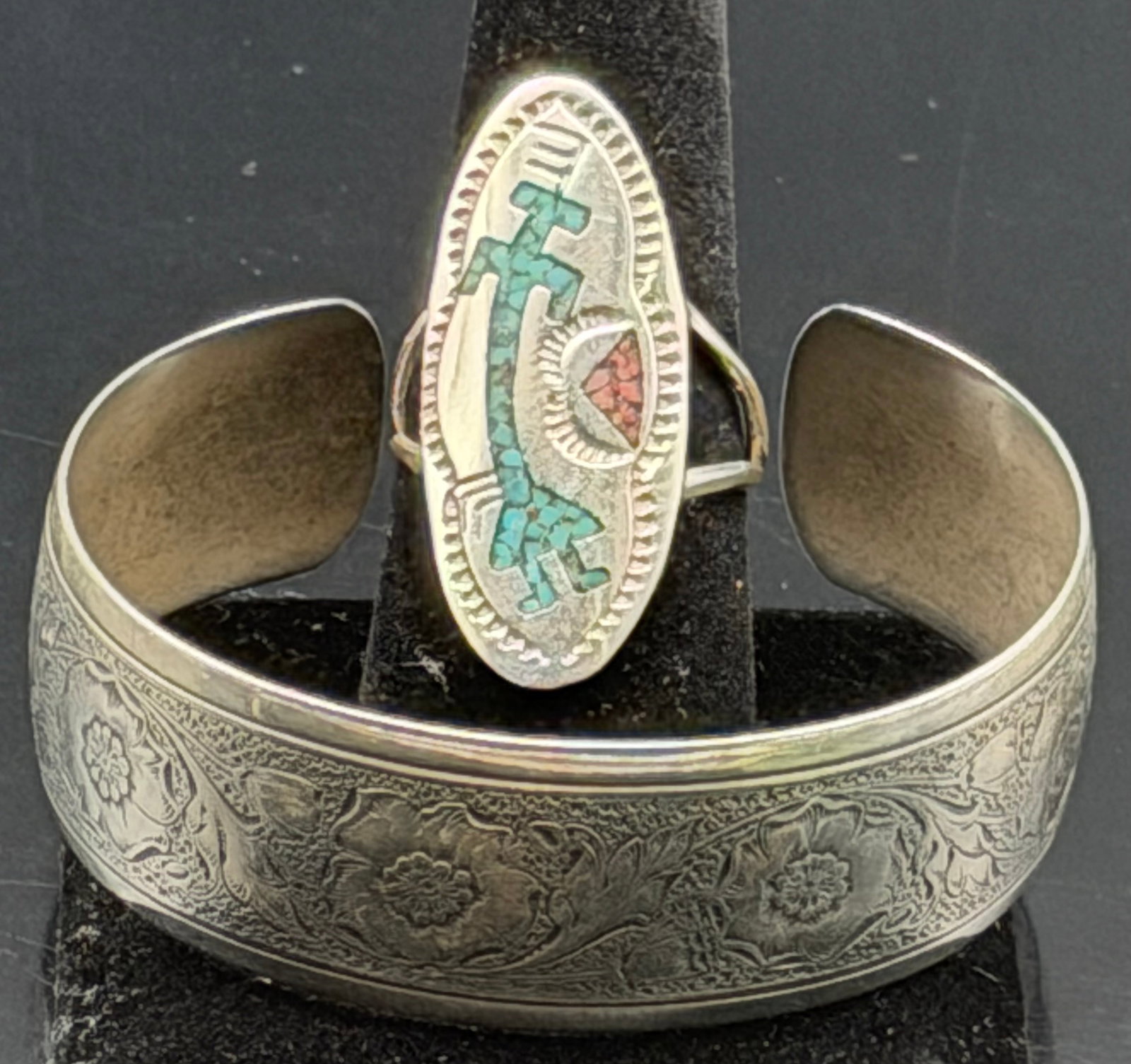 Vintage Sterling Silver Cuff Bracelet & Turquoise Inlay Ring – 20g (1 of 9)
