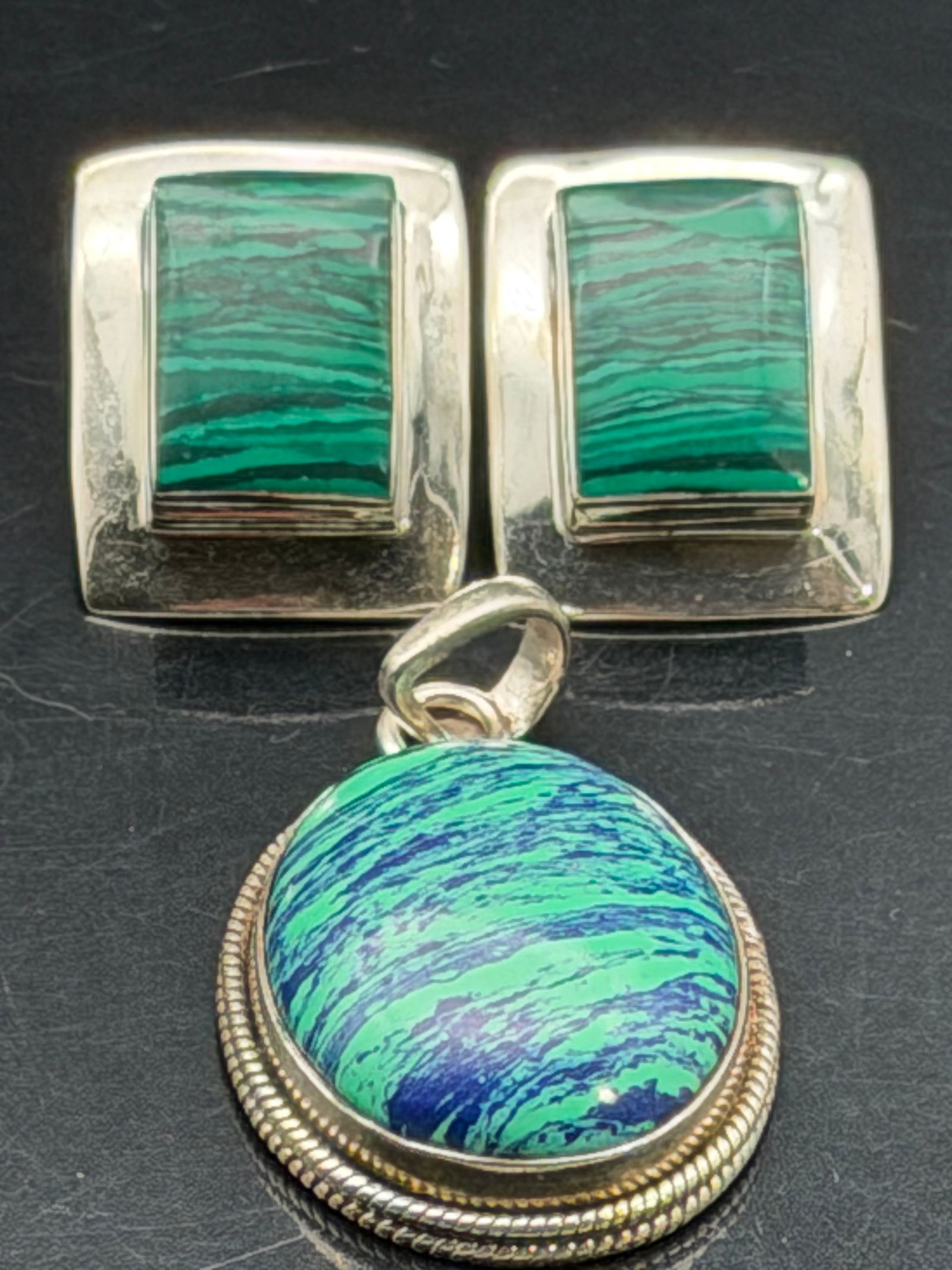 Vintage Sterling Silver Malachite Earrings & Pendant Set (1 of 5)