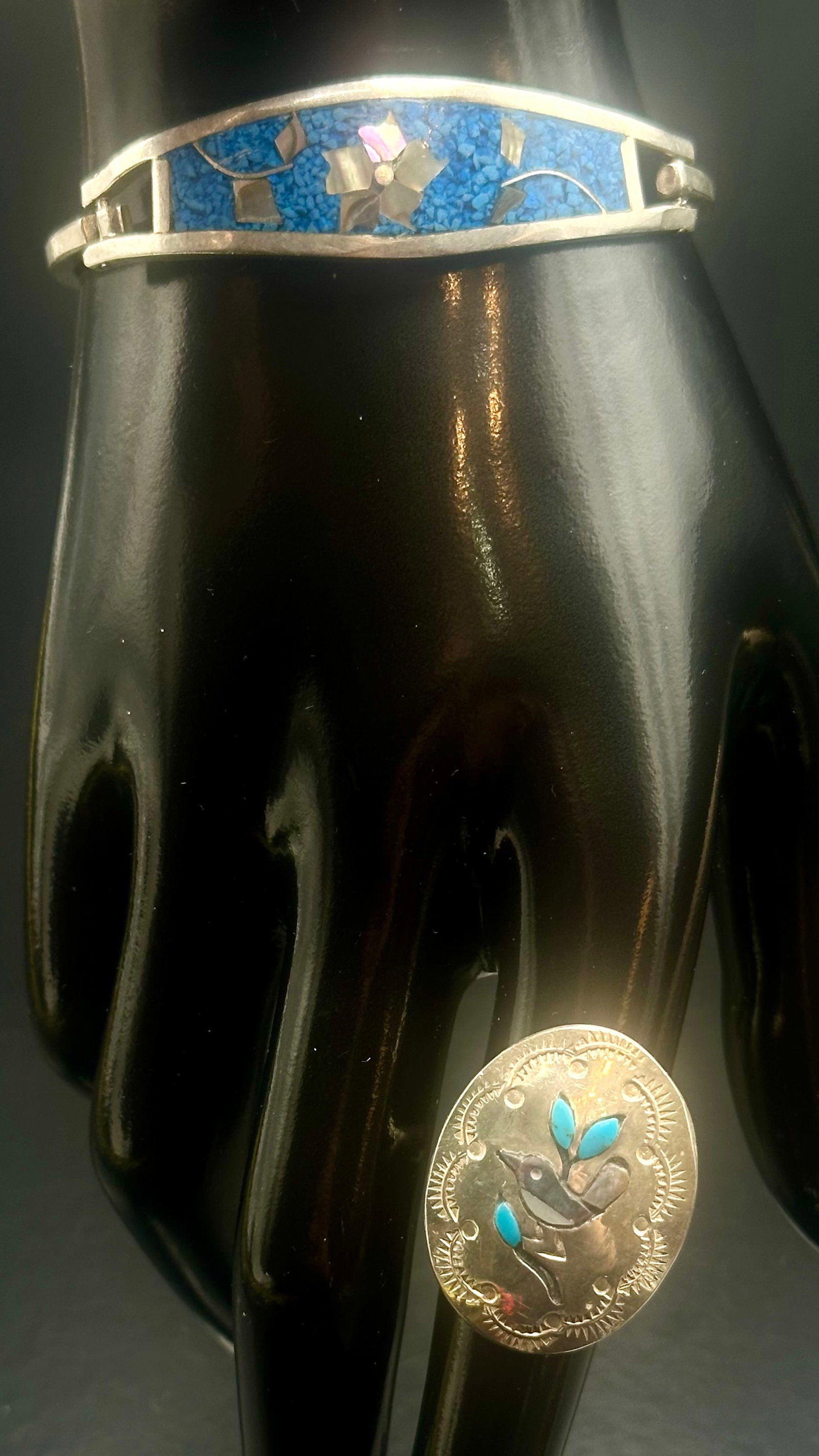 Vintage Southwest Turquoise Inlay Bracelet & Sterling Bird Ring. 21g (1 of 14)