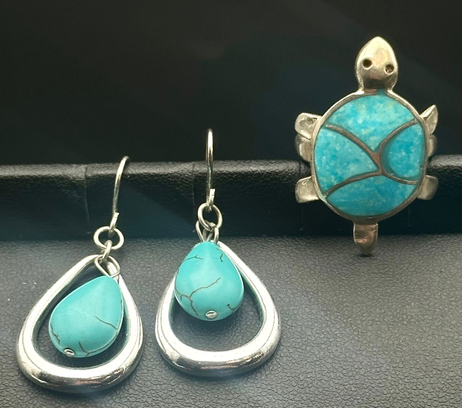 Sterling Turquoise Turtle Ring & Earrings. 11g (1 of 10)