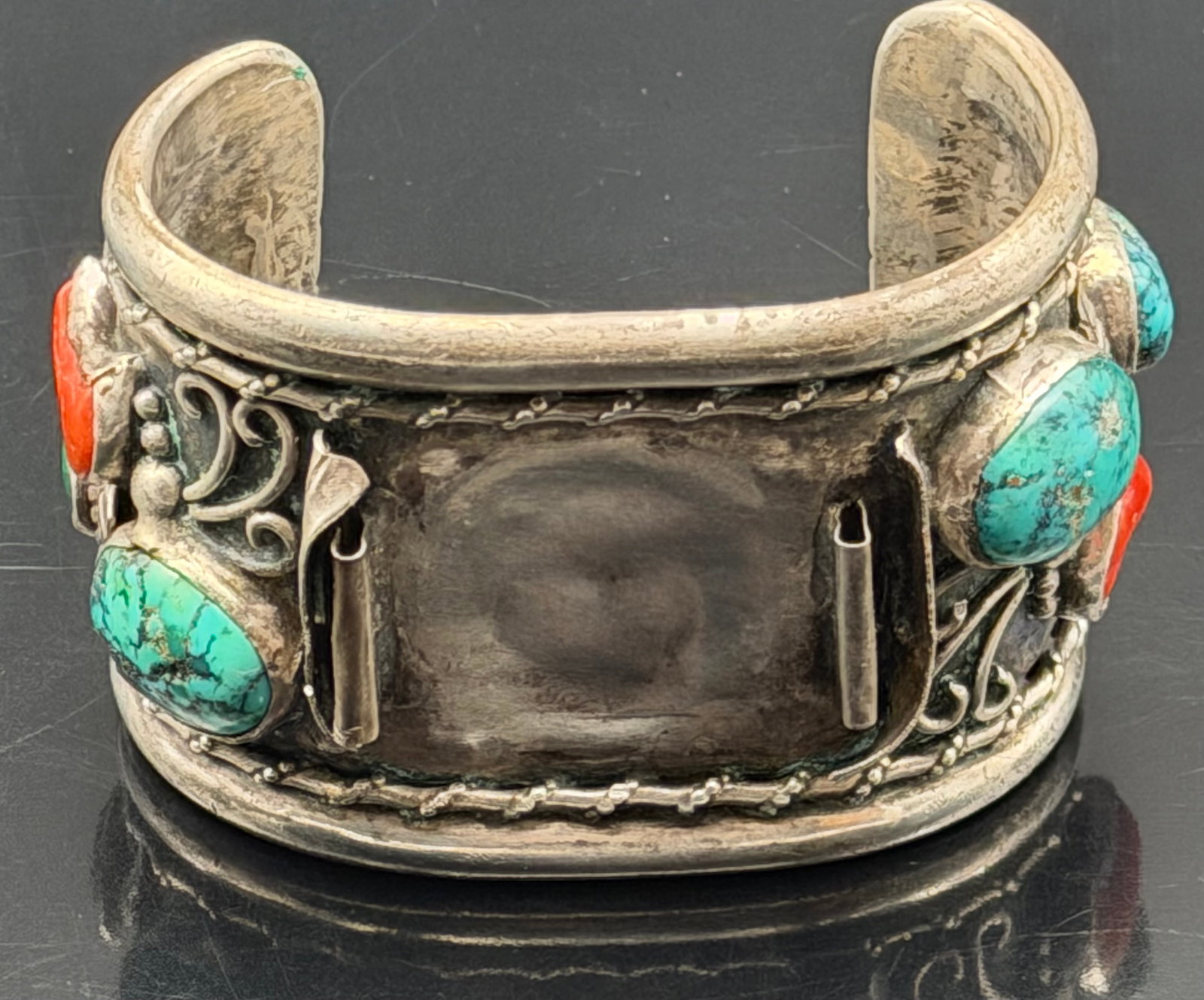 Heavy Sterling Silver Turquoise & Coral Cuff Bracelet – 137g (1 of 7)