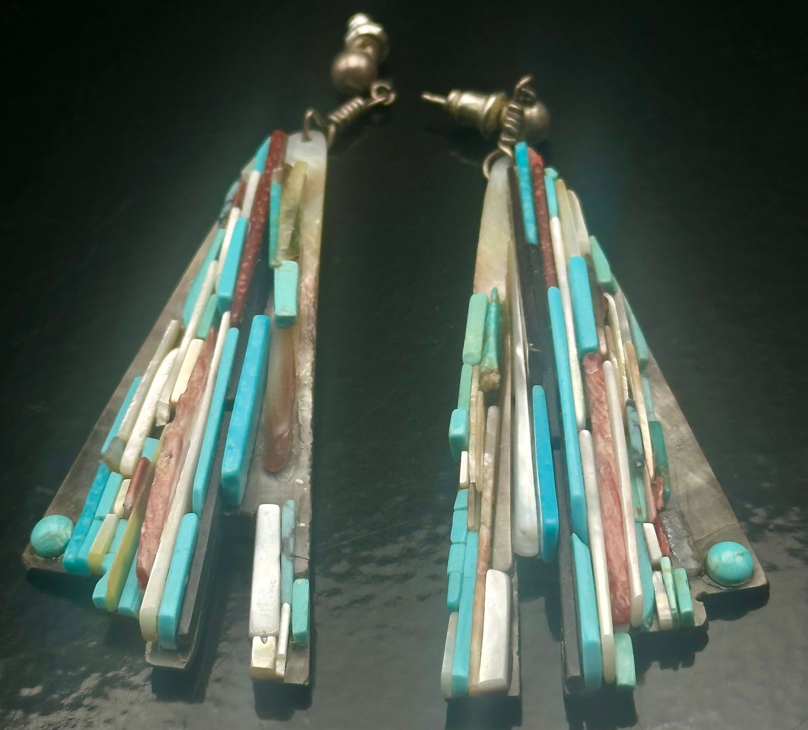 Vintage Native American Style Turquoise Shell Coral Inlay Earrings (1 of 9)