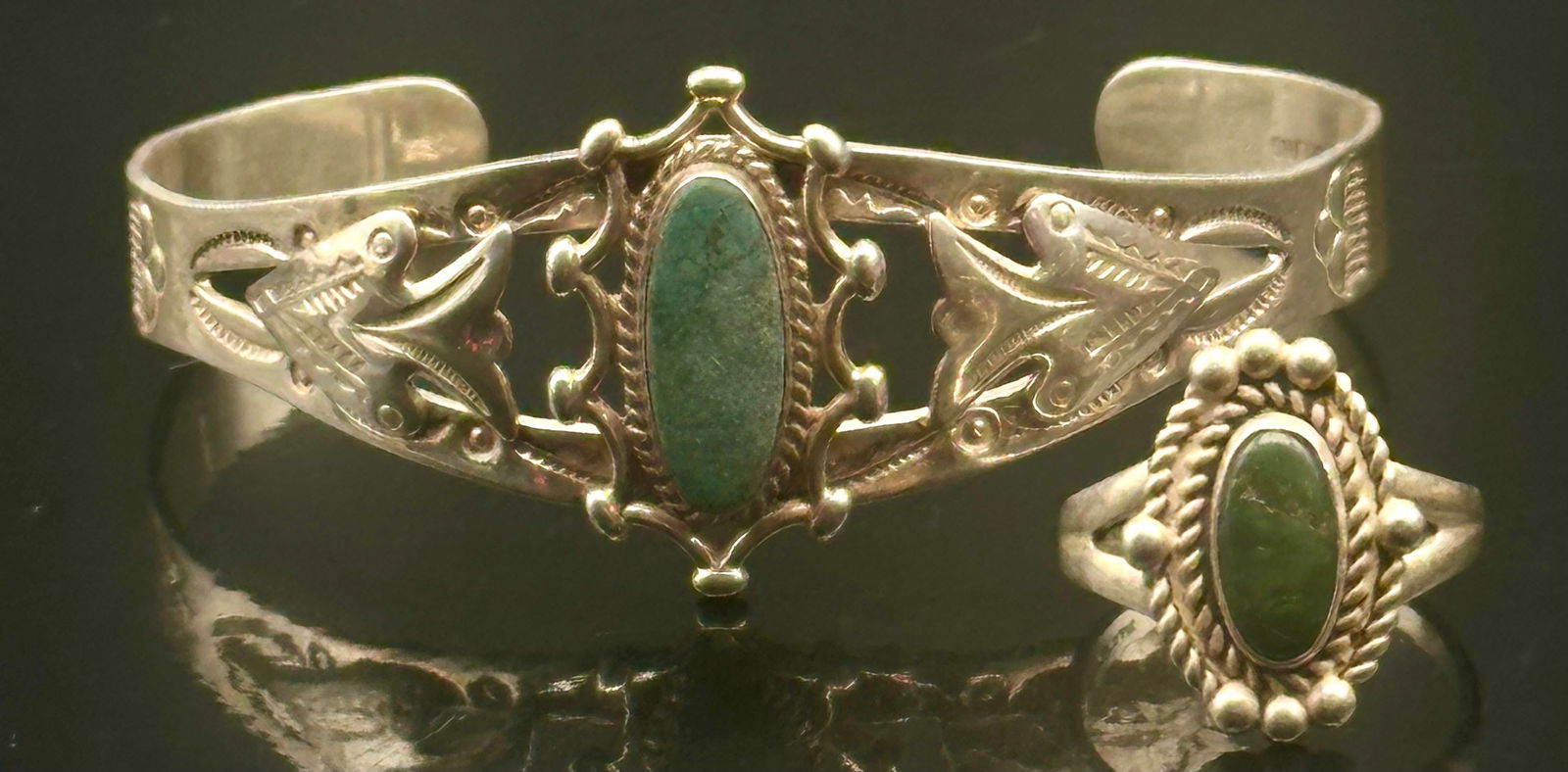 Vintage Sterling Silver Turquoise Cuff Bracelet & Ring Set (1 of 14)