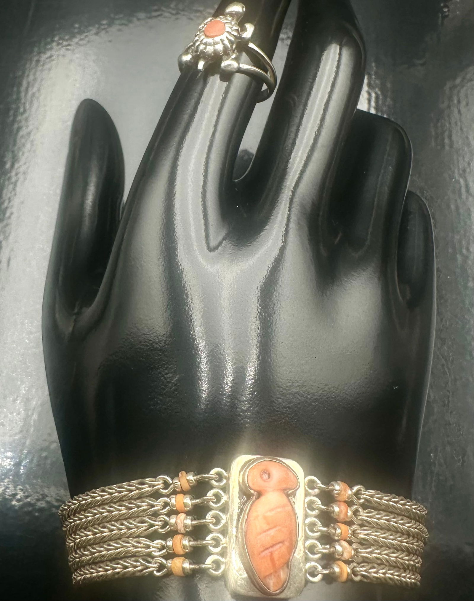 Navajo Sterling Silver Multi-Strand Coral Bracelet & Ring Set 33g: Handcrafted Navajo sterling silver jewelry set featuring a multi-strand braided bracelet with a carved coral fetish centerpiece and matching coral ring.The bracelet is made with solid 925 silver foxta