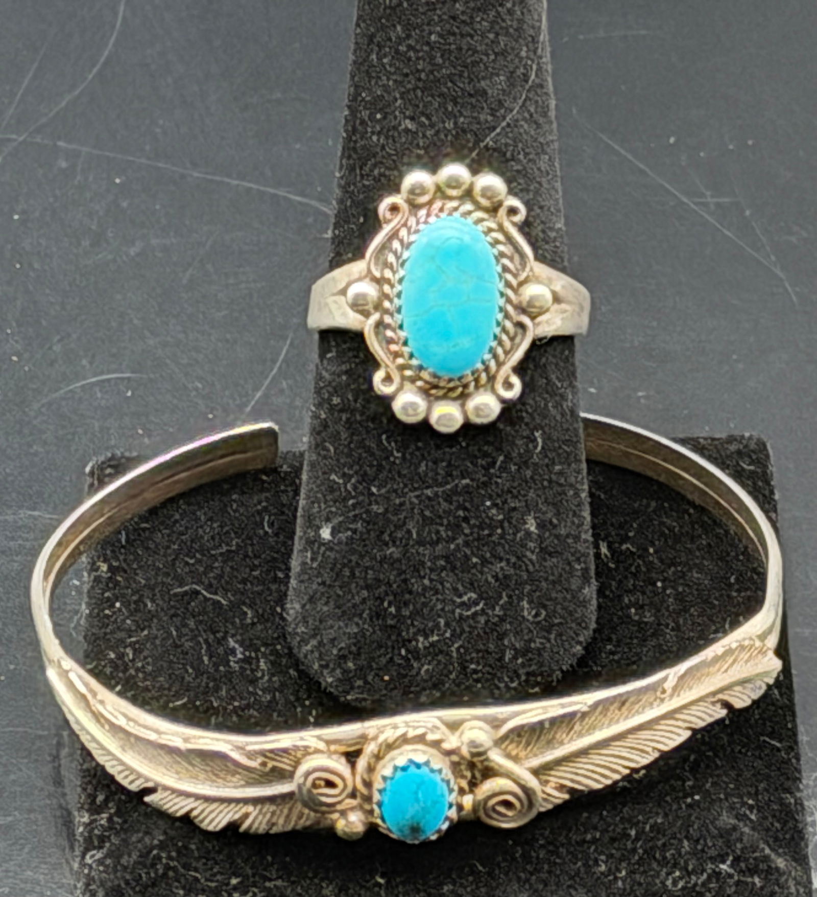 Vintage Sterling Silver Turquoise Ring & Feather Bracelet Set-13g (1 of 13)