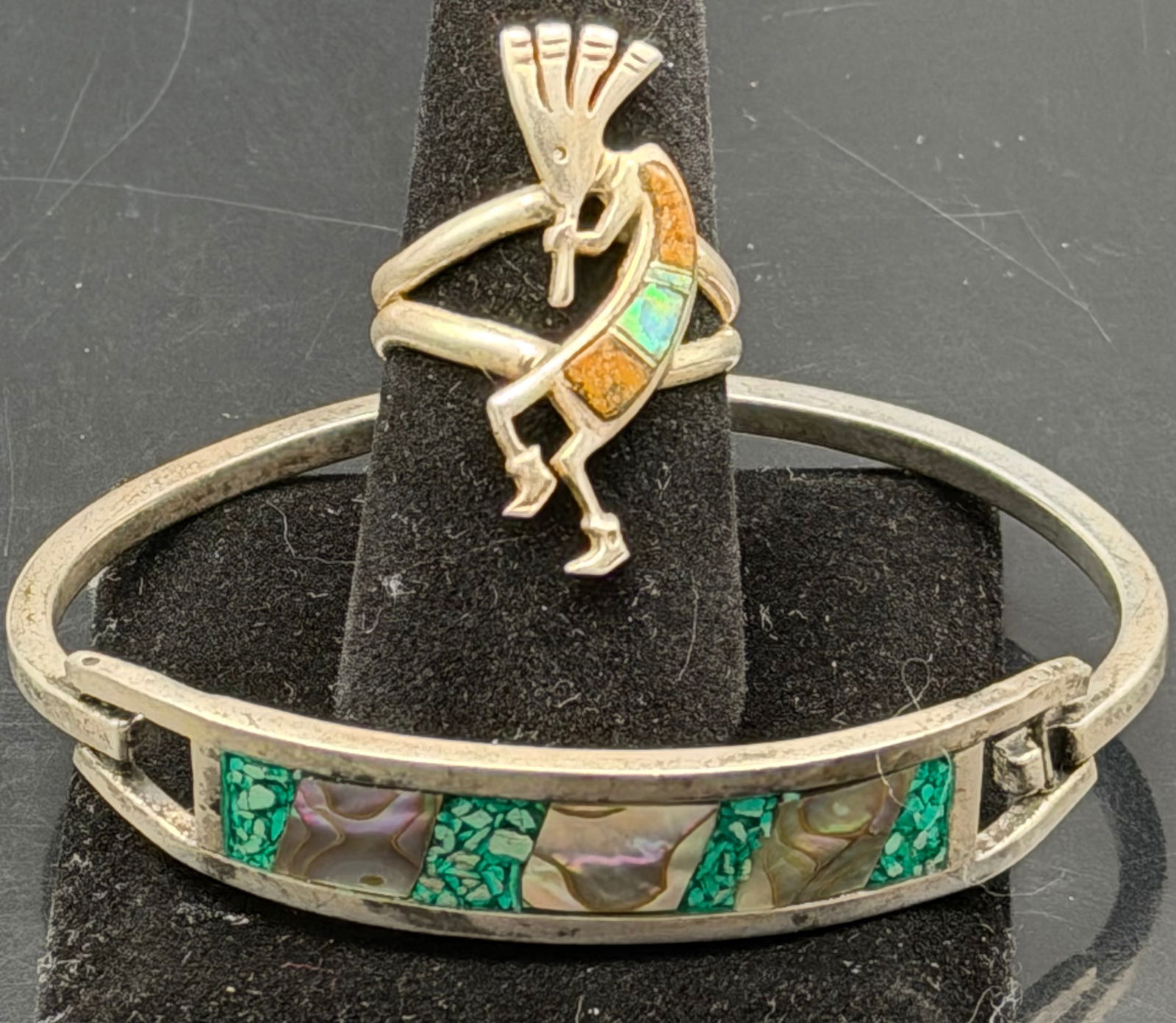 Vintage Sterling Silver Kokopelli Ring & Inlay Bracelet Set-20g: Beautiful vintage sterling silver jewelry set featuring a Kokopelli ring with colorful inlay (turquoise-style green, amber tones, and opal-like accent) paired with a sterling silver inlay bracelet acc