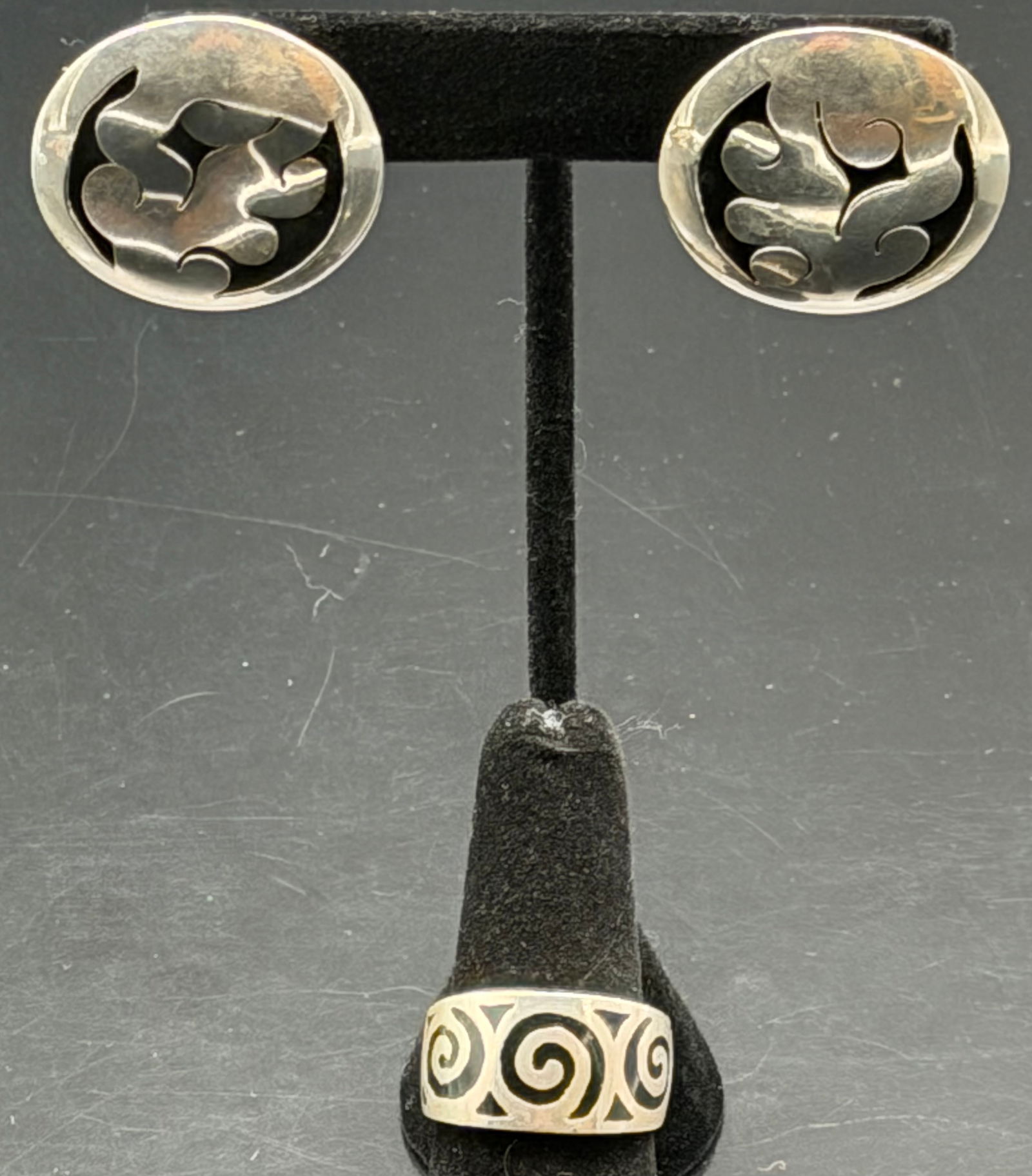 Vintage Taxco Mexico 925 Sterling Silver Ring & Earrings Set-14g (1 of 7)