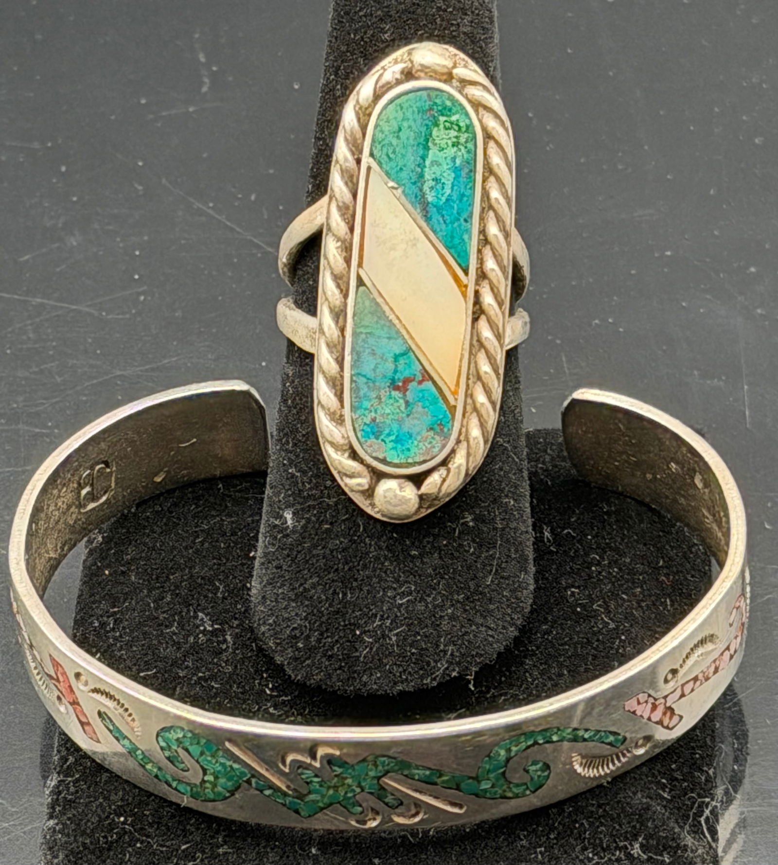 Sterling Silver Turquoise & Gold-Filled Inlay Ring and Bracelet Set – 28g (1 of 11)