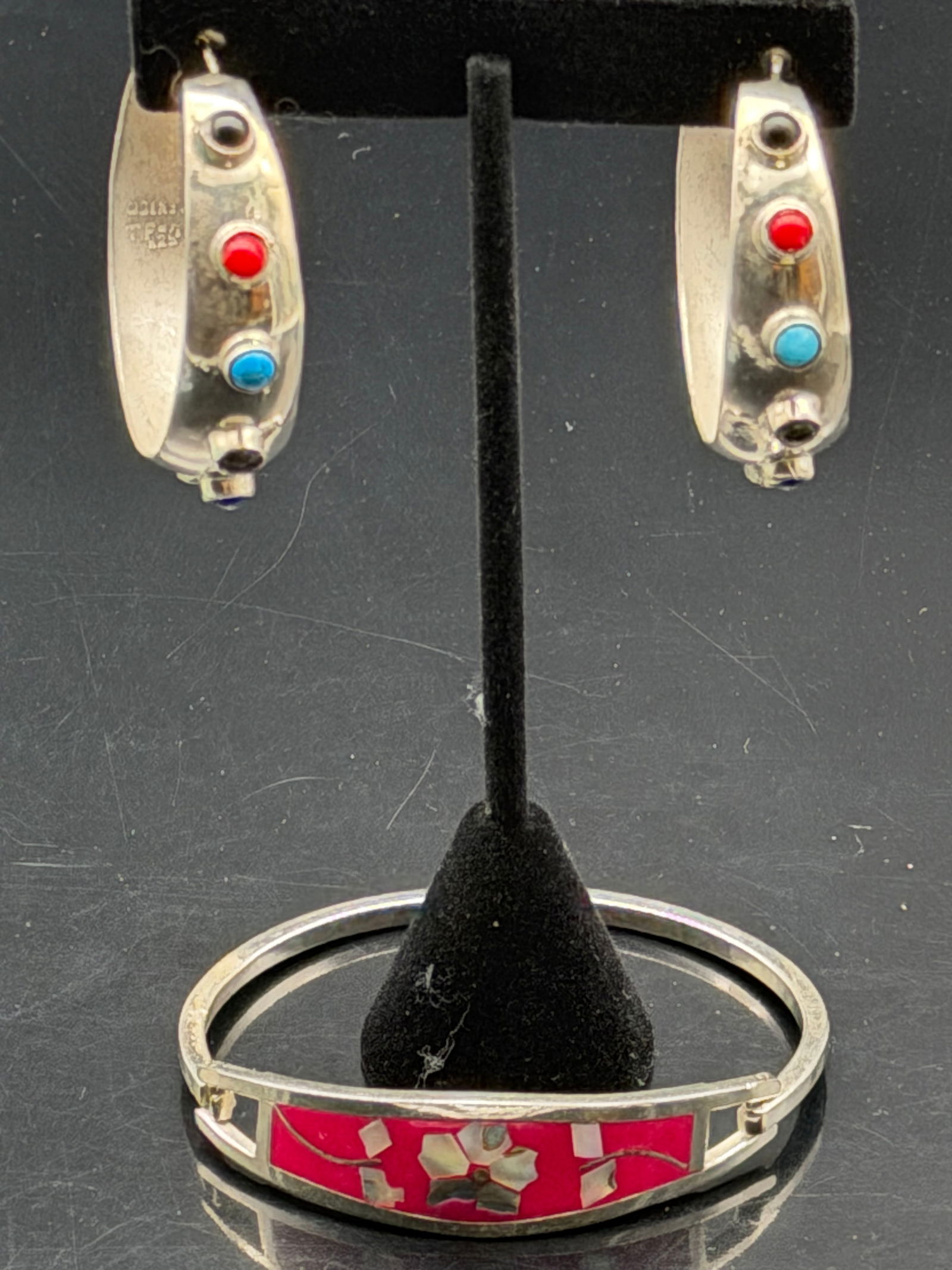 Vintage Mexico 925 Sterling Silver Inlay Bracelet & Earrings Set – 33g (1 of 10)