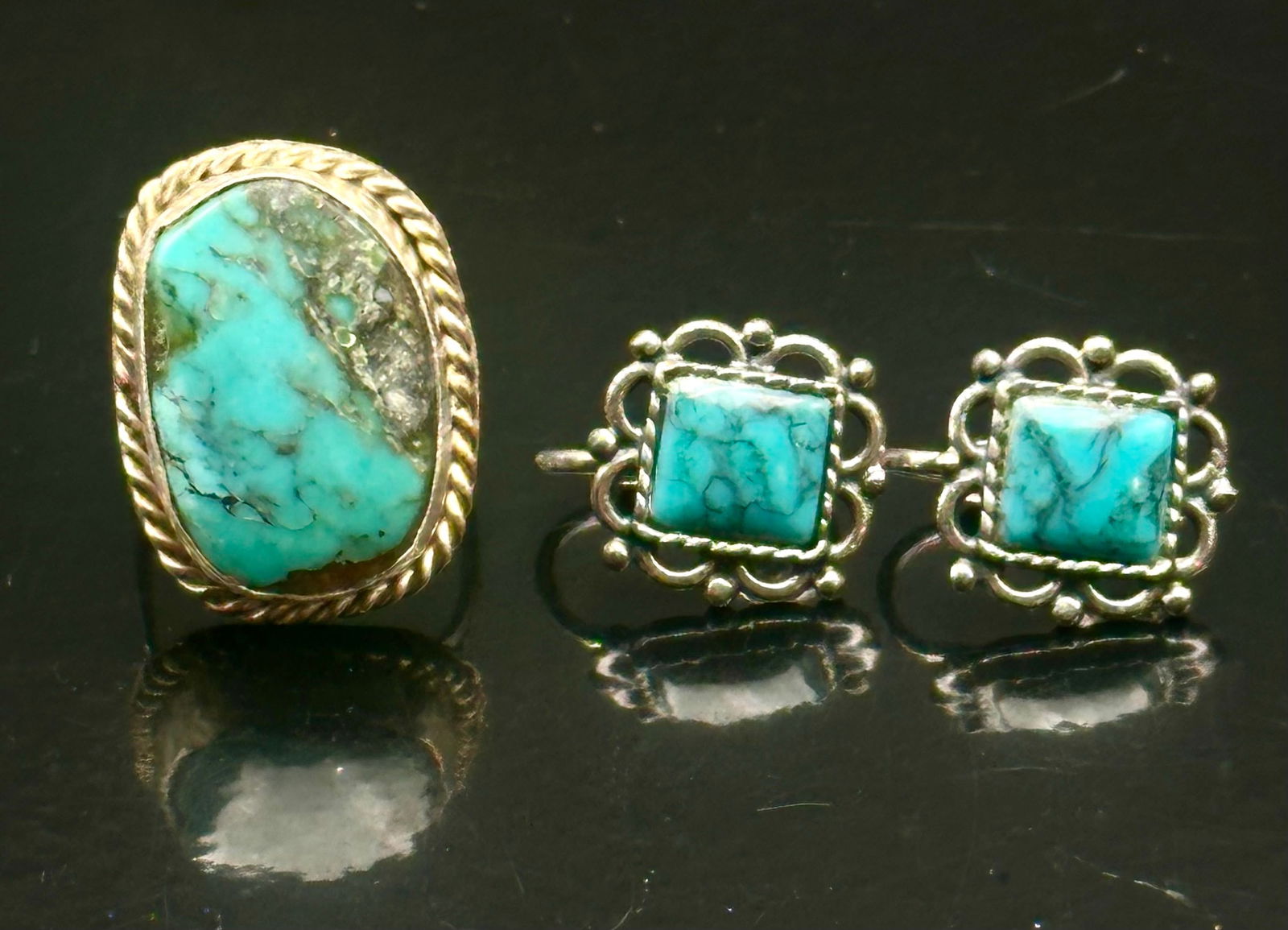 Vintage Sterling Silver Turquoise Ring & Earrings Set – 11g (1 of 13)