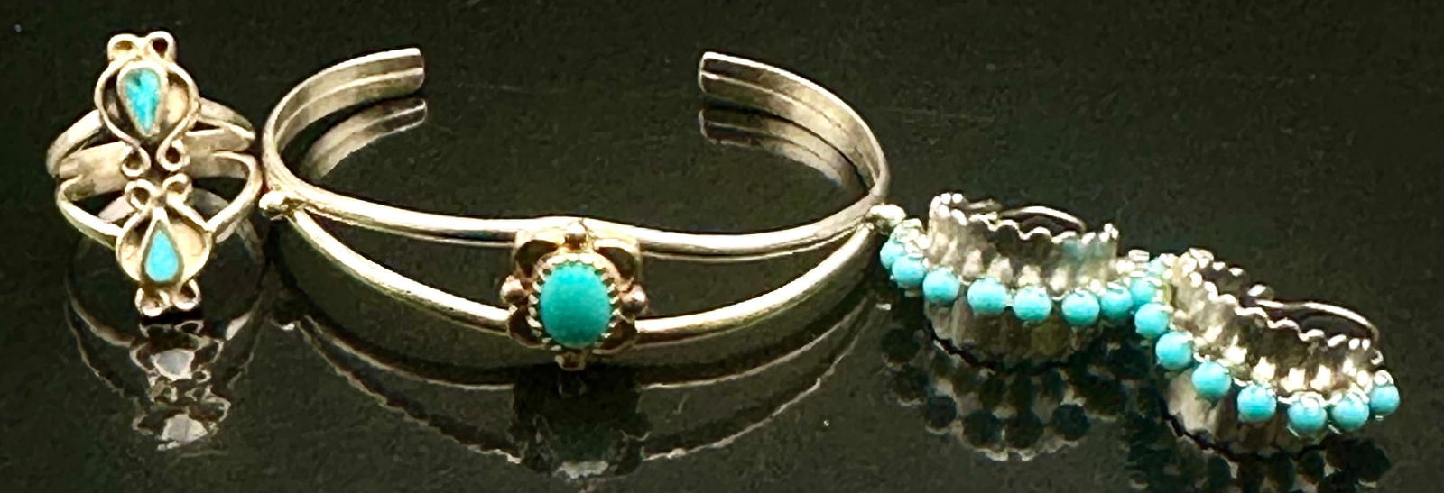 Vintage Sterling Silver Turquoise Ring, Cuff Bracelet & Earrings – 15g (1 of 12)