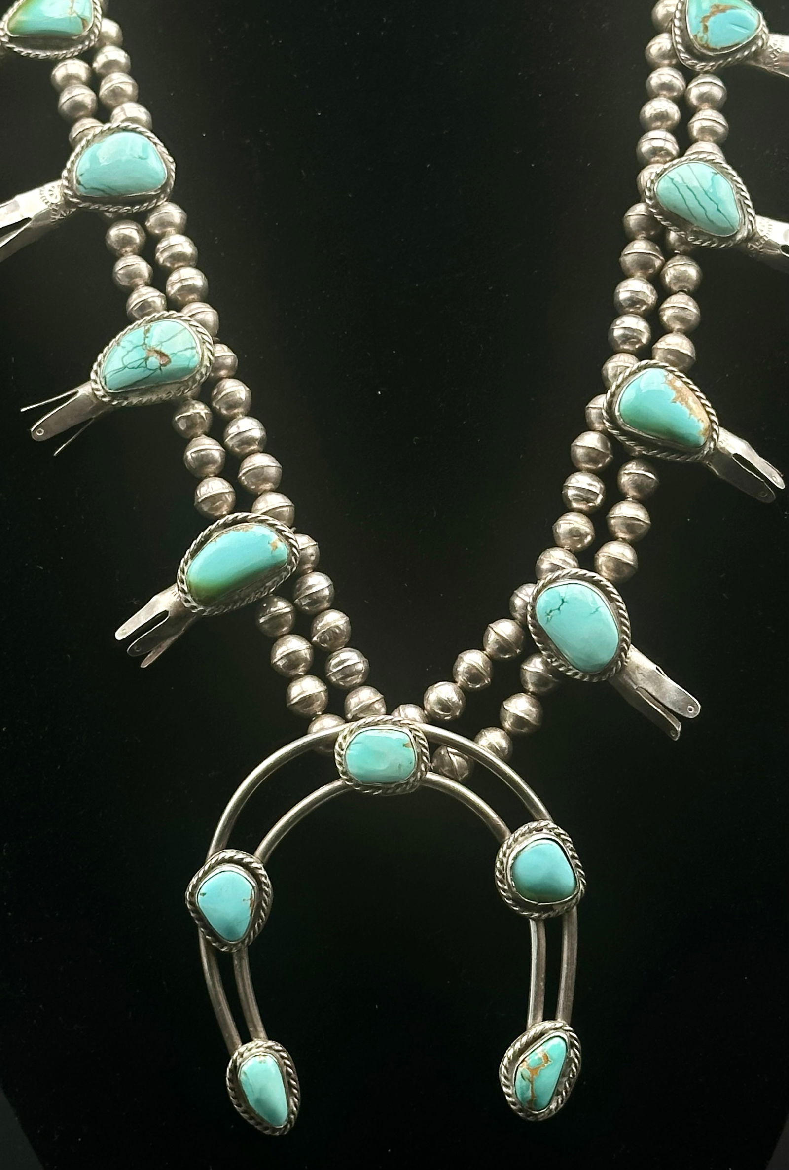 Vintage Navajo Sterling Silver Turquoise Squash Blossom Necklace 219g (1 of 18)