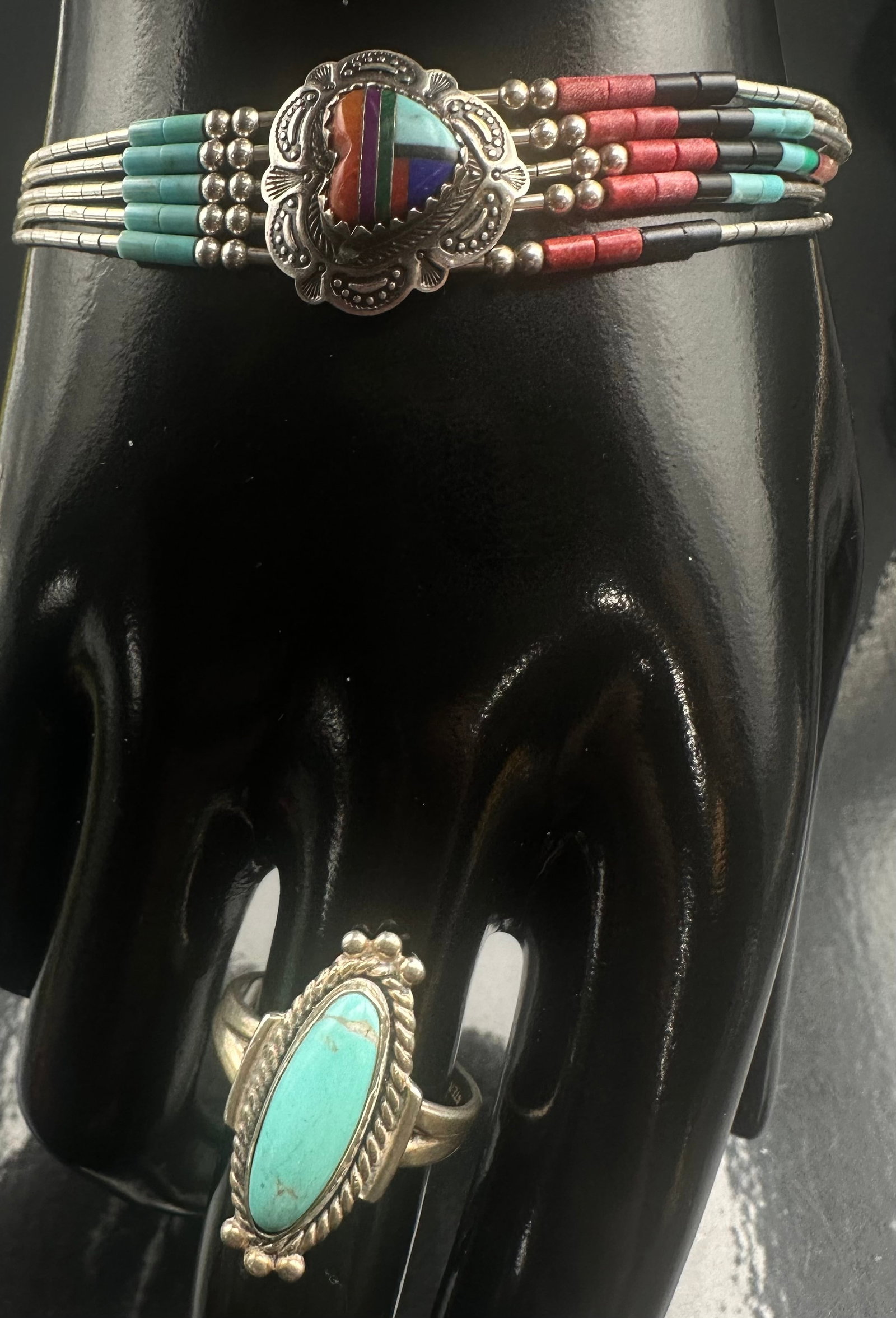 Sterling Silver Turquoise Ring & Multi-Strand Inlay Bracelet Set – 10g (1 of 14)