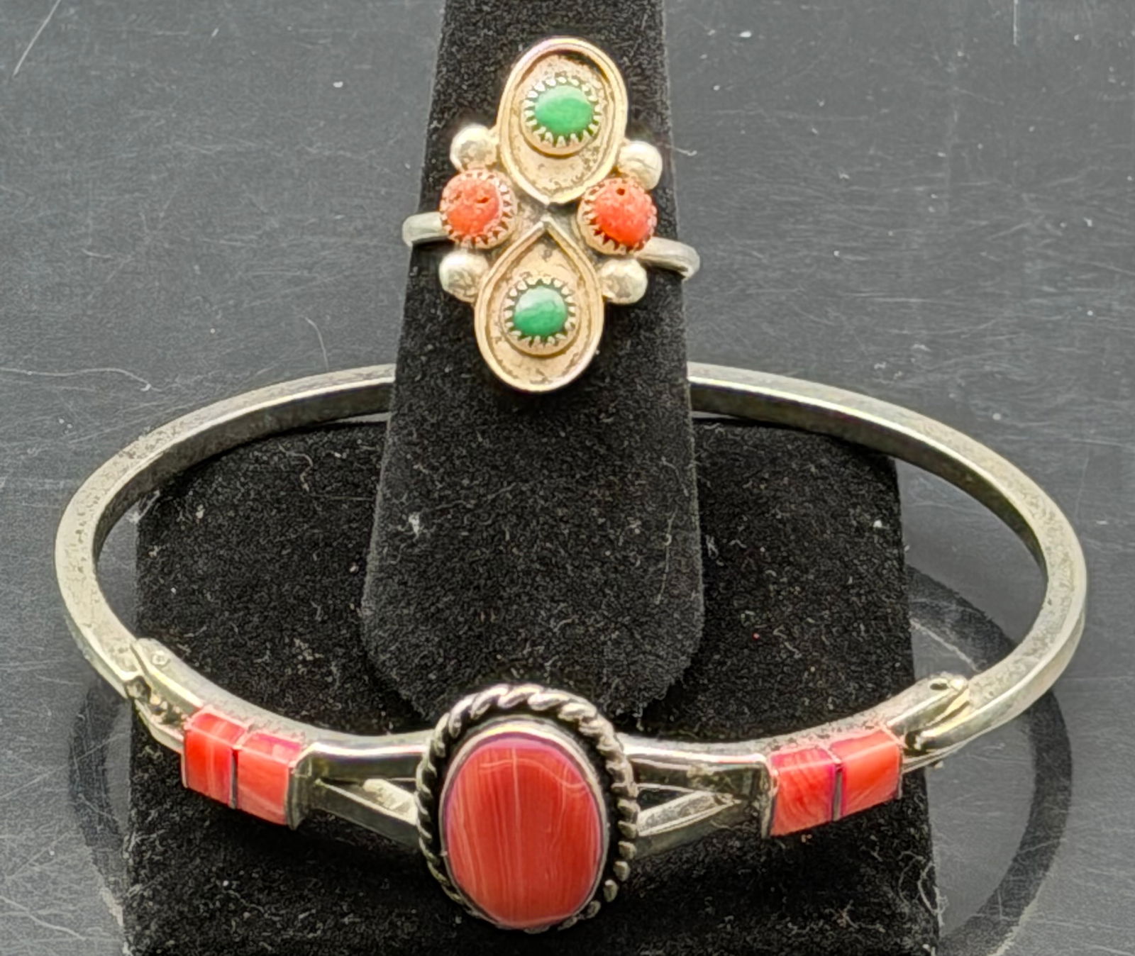 Vintage Sterling Silver Coral & Turquoise Bracelet and Ring Set – 21g (1 of 12)