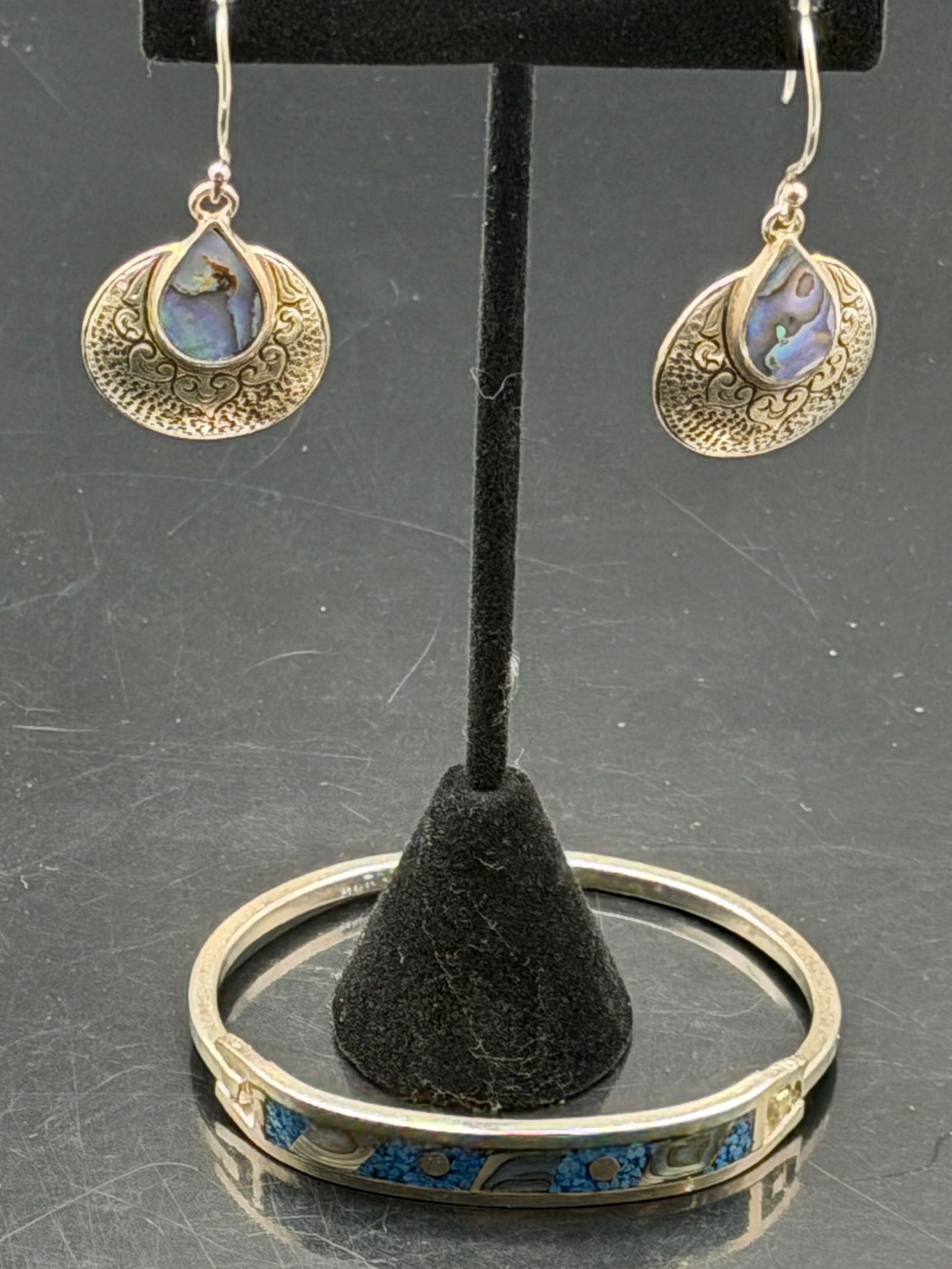 Vintage Sterling Silver Abalone Bracelet & Drop Earrings Set – Mexico 925, 25g (1 of 10)