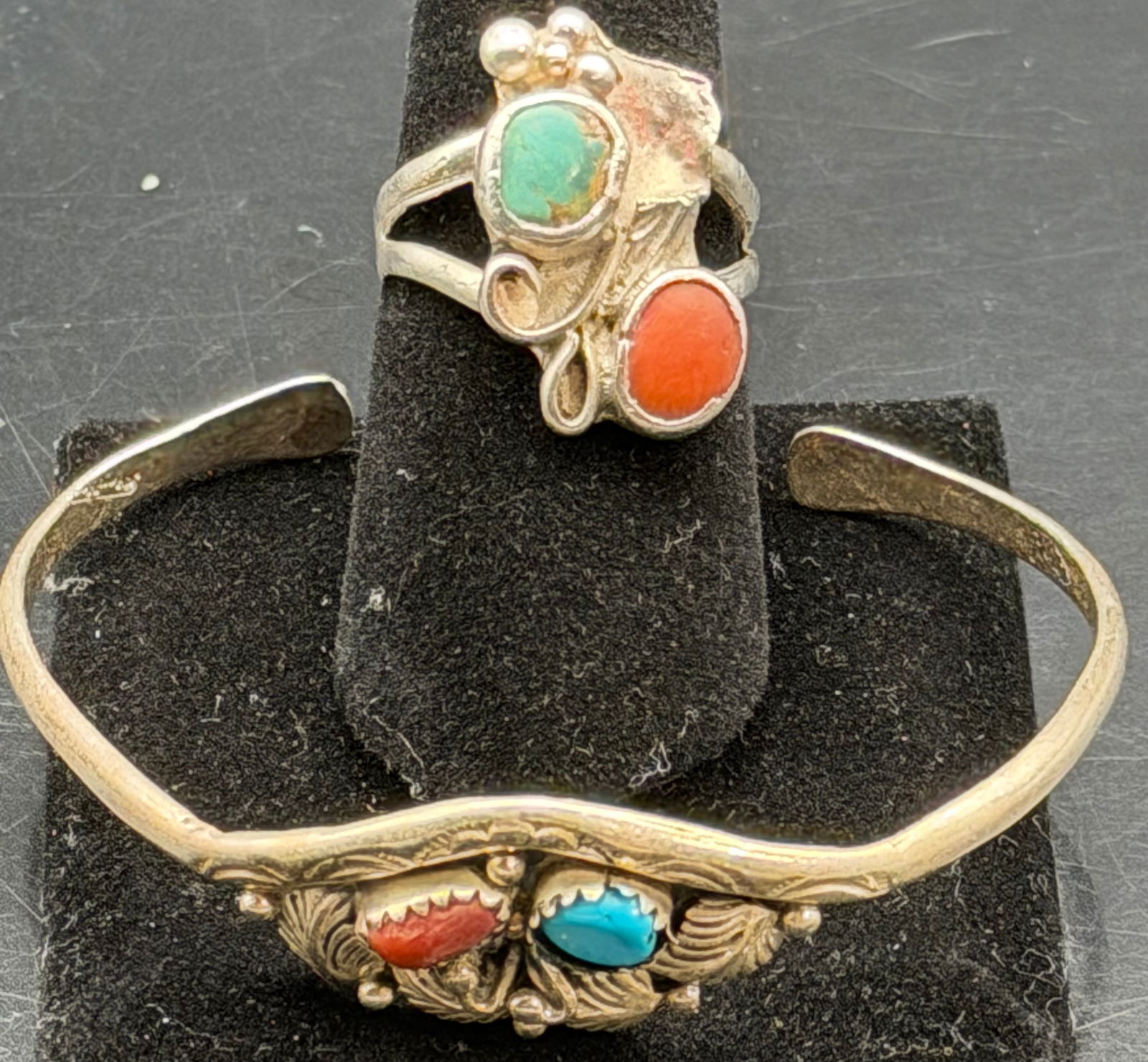 Vintage Sterling Silver Turquoise & Coral Ring and Cuff Bracelet Set – 14g (1 of 10)
