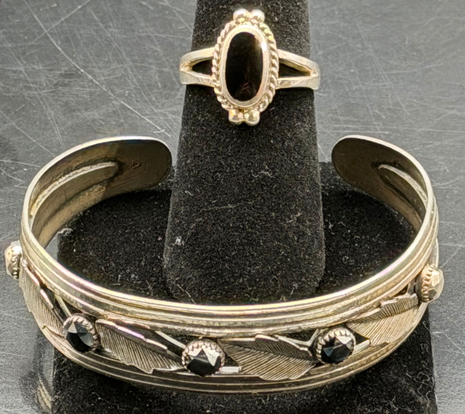 Vintage Gerlane Sterling Silver Ring & Cuff Bracelet Set – 22g: Vintage Gerlane sterling silver matching ring and open cuff bracelet set featuring a modernist design with black stone accents.