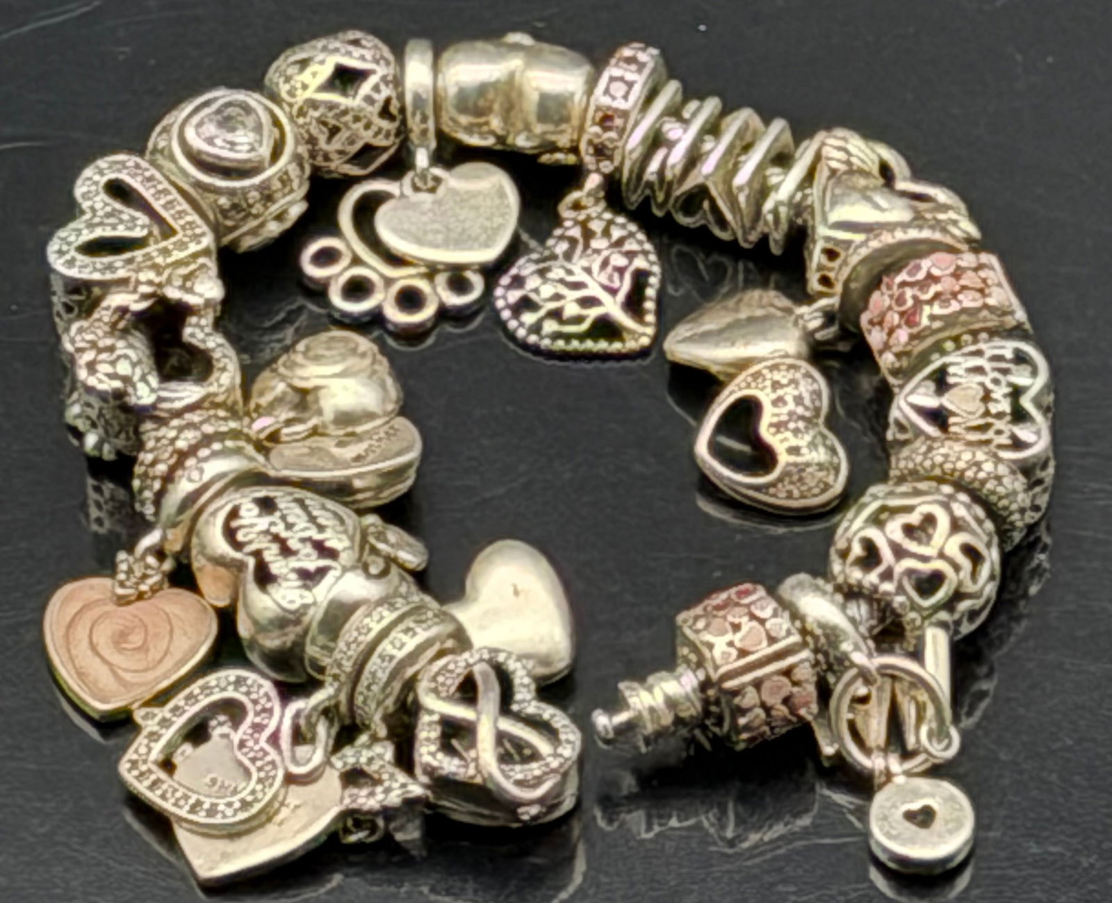 Sterling Silver Pandora Bracelet – Heart & Love Charms – 74g (1 of 5)
