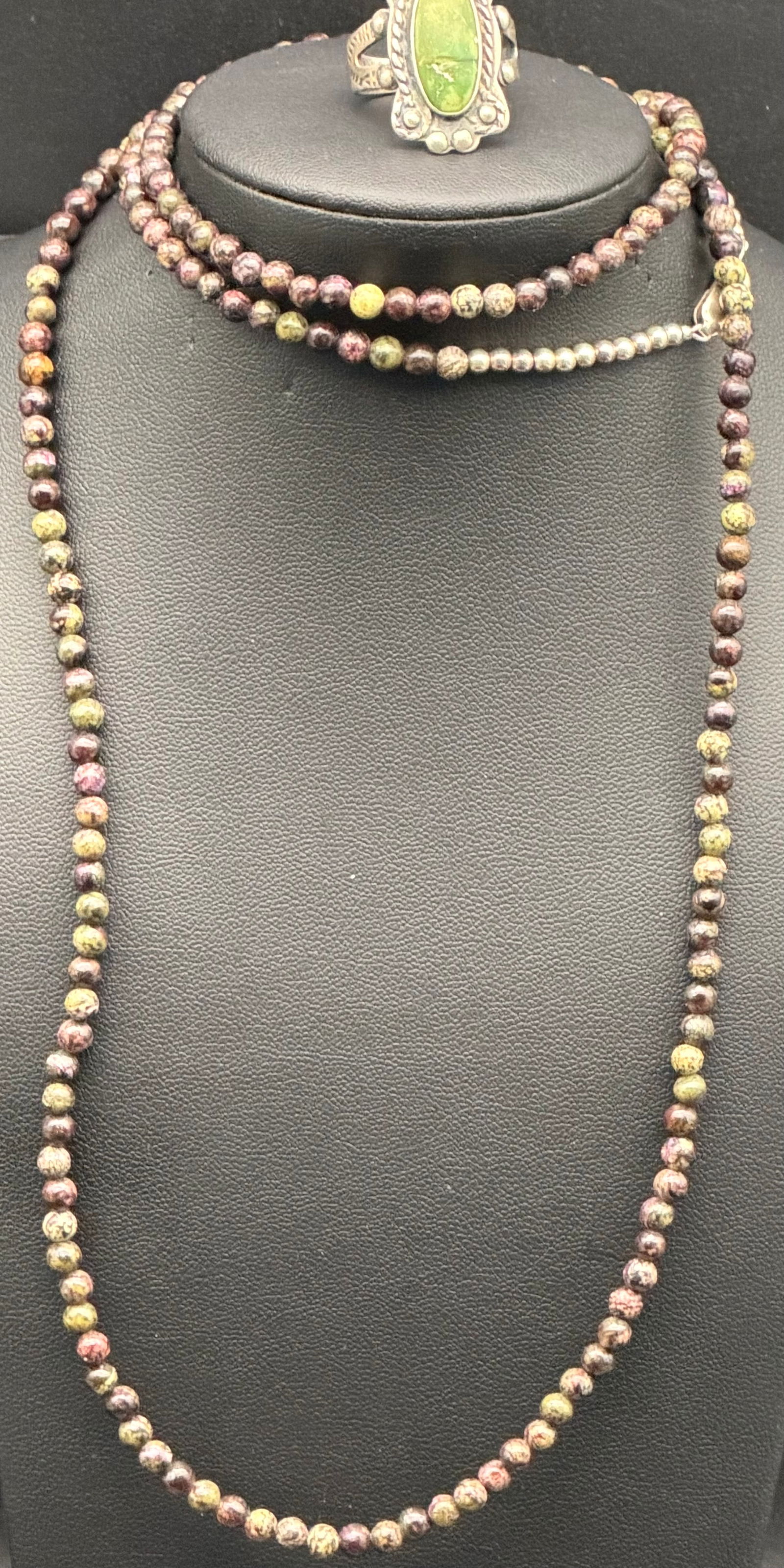 Sterling Silver 925 Beaded Necklace & Marquise Stone Ring Set – 51g: Elegant sterling silver (925) necklace paired with a matching ring. The necklace features double-strand silver links with faceted black and amber-tone beads, creating a dramatic vintage look with nice