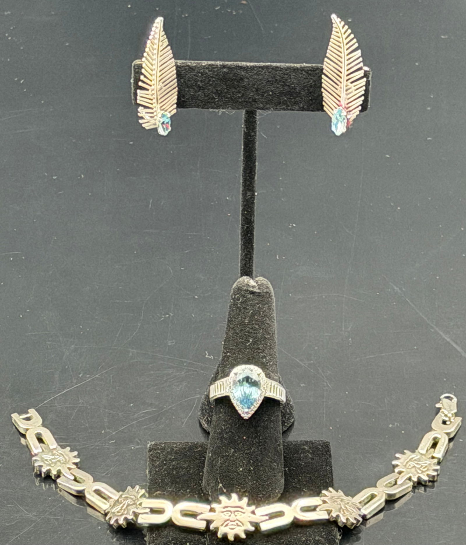 925 Sterling Silver Mexico Ring, Earrings & Sun Face Bracelet Set – 36g (1 of 13)