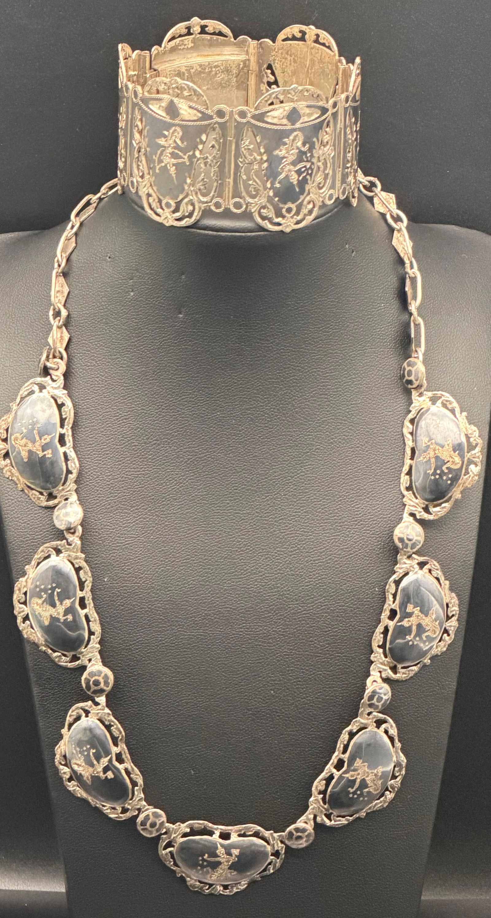 Vintage Siam Sterling Silver Niello Necklace & Wide Bracelet Set – 84g (1 of 9)