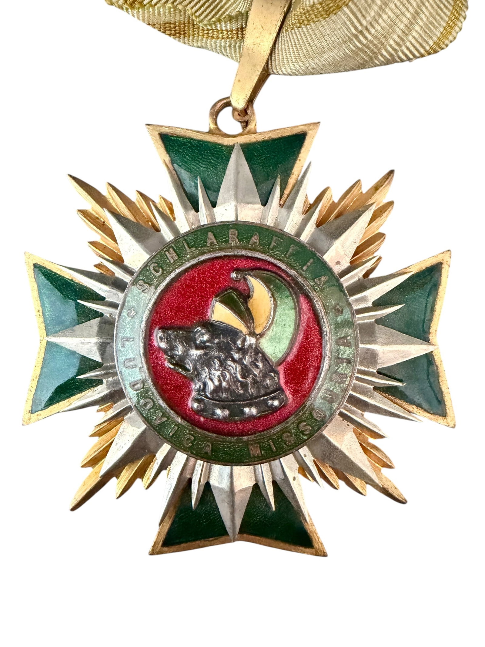 Antique German Fraternal Membership Award Badge Schlaraffia Ludovica Missouria.: Title: German Fraternal Fraternity medallion and ribbon.Organization: Schlaraffia Ludovica Missouria.Material: Enameled brass and base metals, cloth necklace ribbon. Age: Circa early 1900sSize: 62mm x