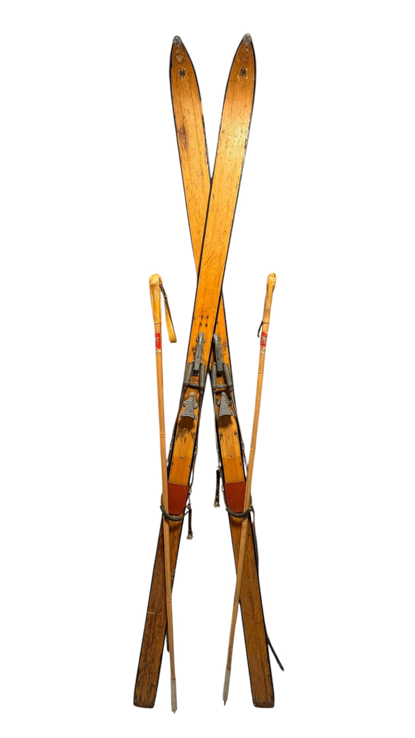 Antique German Wood Mayer Skis & Kreuzer Tyrol Bamboo Ski Poles: Brand: Skis - Mayer with Marker hardware. Poles - KreuzerModel: Skis - Unknown, Poles - TyrolSize: Skis - 78.5” long. Poles: 54.75” long including tip. Material: Skis - Wood with steel har