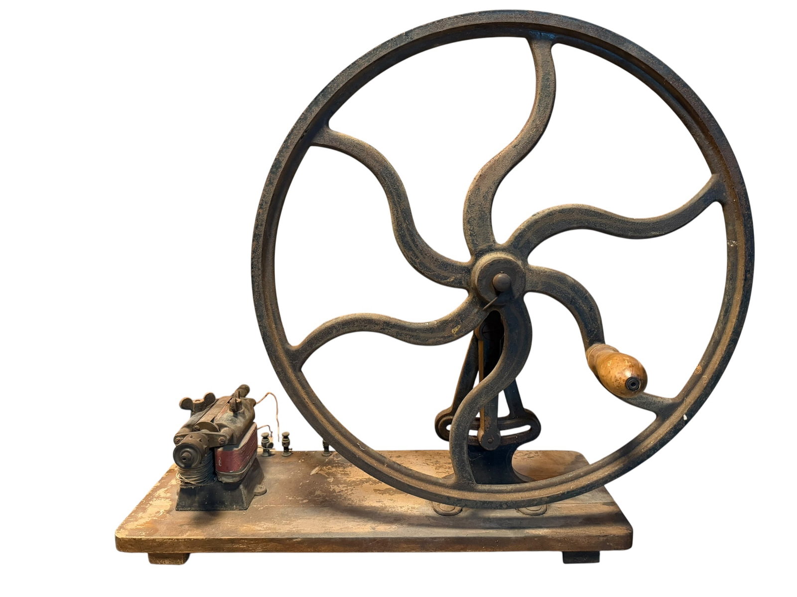 Antique Large Cast Hand Crank Bipolar Motor Dynamo on Wood Base (1 of 10)