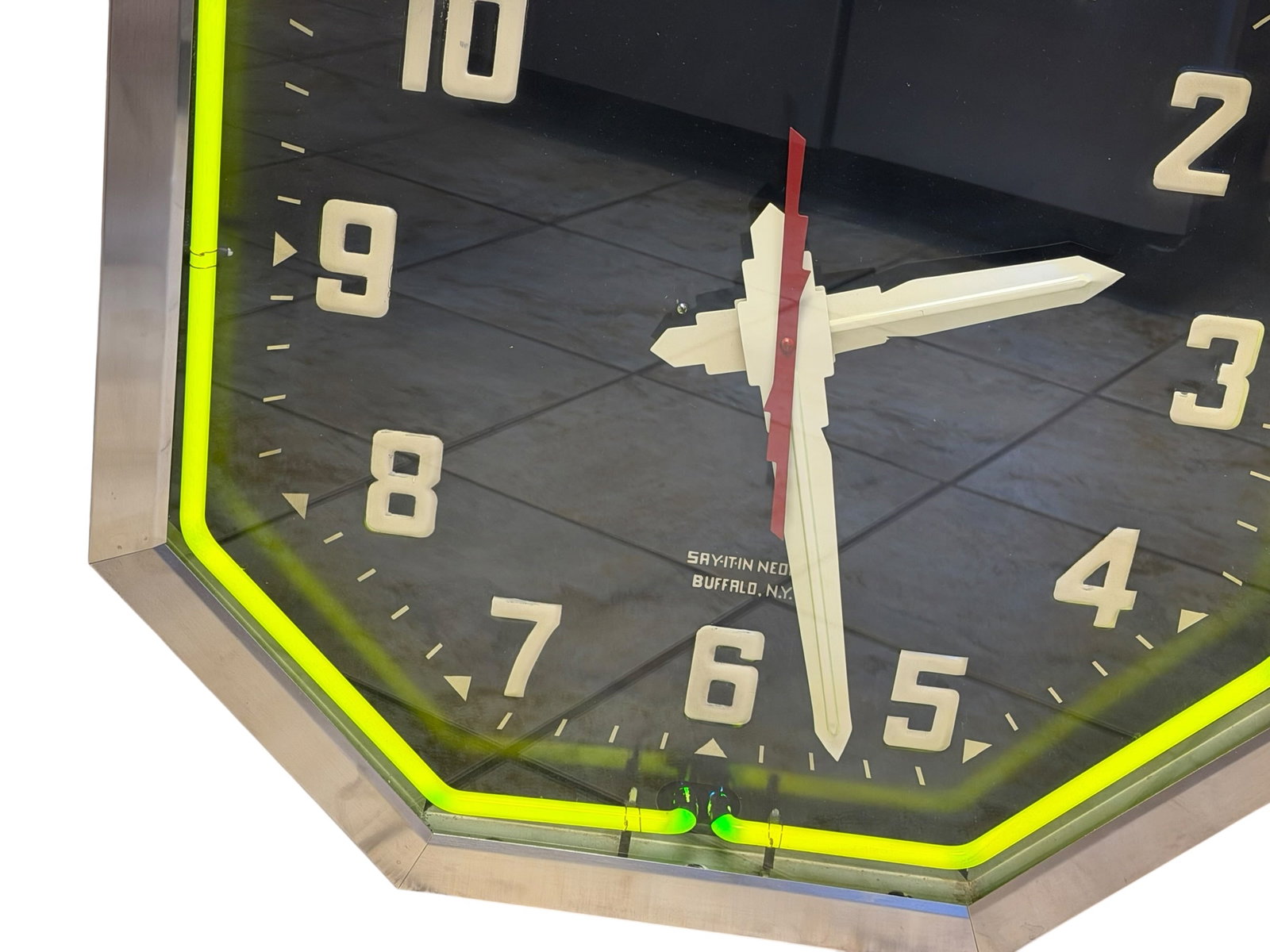 Vintage Say It In Neon Octagon Clock 25” Works! - 4