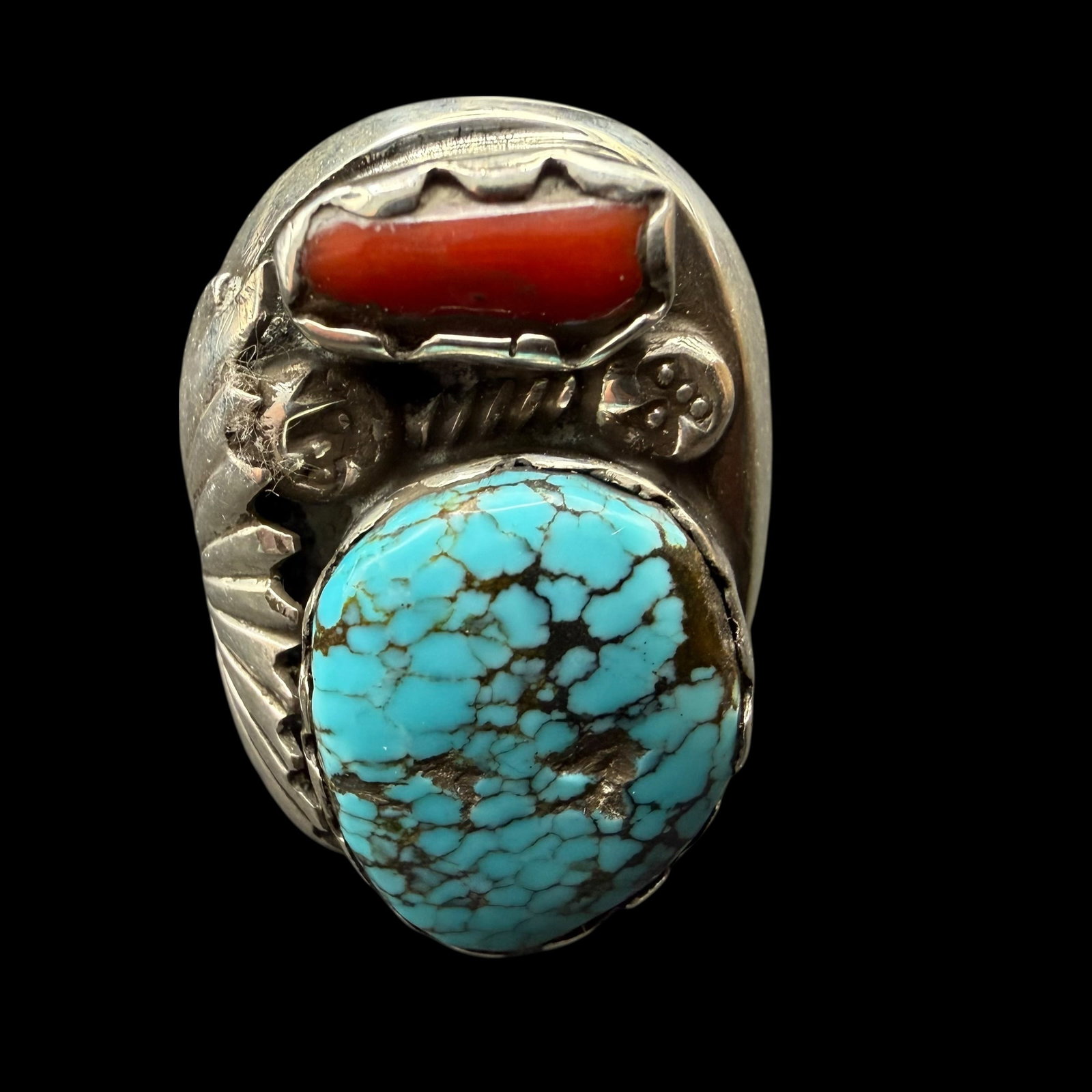 Sterling Silver Native American Turquoise Coral Ring Padilla Sz 11.75 26g: Maker: Wilson Padilla, Navajo. / Material: Sterling Silver. / Stone: Turquoise and Coral. / Size: 11.75. / Weight: 26.00 grams. / Condition: Excellent and ready to be worn. / Sold as is. Measurements