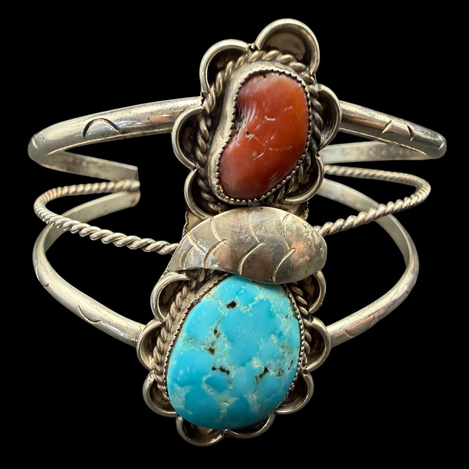 Native American Old Pawn Sterling Silver Turquoise Coral Cuff Bracelet 21g 925 (1 of 10)