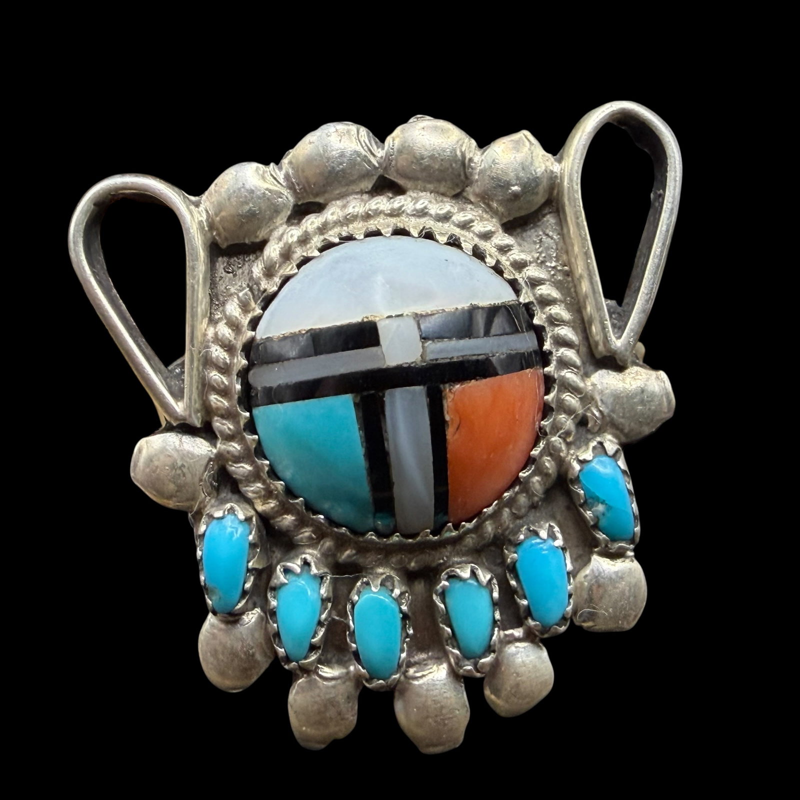 Native American Sterling Silver BHL Zuni Inlay Ring Sz 6.5 3.91g 925: Maker: BHL, unknown. Zuni. / Material: Sterling Silver. / Stone: Inlays of Mother of Pearl, Coral, Turquoise, Black Onyx. / Size: 6.5. Face measures 7/8” x 13/16”. / Weight: 3.91 grams. /