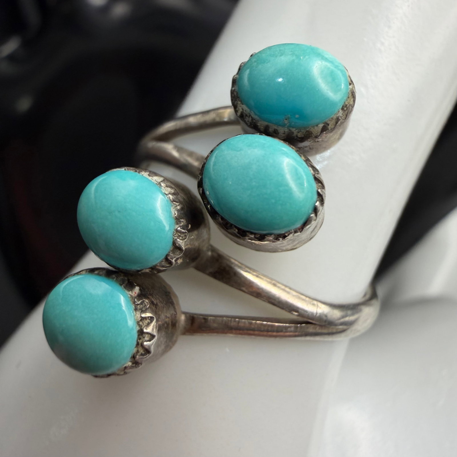 Native American Sterling Silver Turquoise Ring PD Coonsis Sz 7.5 Flex 2.88g 925: Maker: P.D. Coonsis. / Material: Sterling Silver. / Stone: Turquoise. / Size: 7.5, flexible. Face measures 7/8” long. / Weight: 2.88 grams. / Condition: Excellent and ready to be worn and enjoye