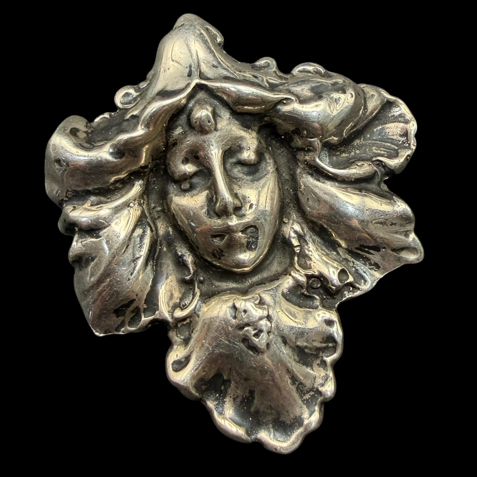 Sterling Silver Art Nouveau Orchid Lady Brooch Pin Necklace Pendant 35.57g 925: Maker: Unmarked, unknown. / Material: Sterling Silver. / Stone: None. / Size: 1 7/8” x 1 3/16”. / Weight: 35.57 grams. / Condition: Excellent and ready to be worn and enjoyed as a pin or a