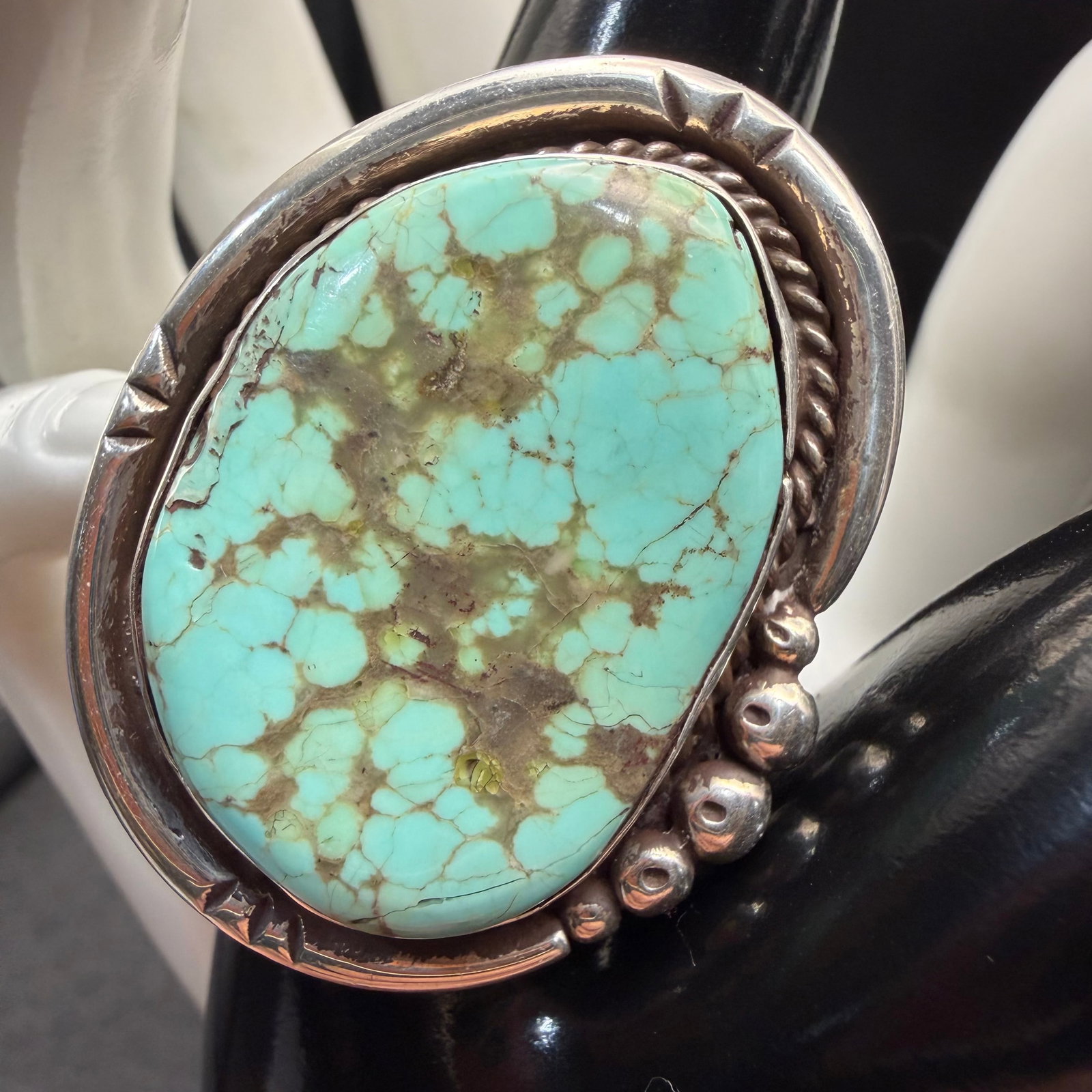 Native American Sterling Silver Turquoise Ring Old Pawn Sz 10.25 25.42g 925: Maker: Unmarked, Old Pawn. / Material: Sterling Silver. / Stone: Turquoise. / Size: 10.25. Face measures 1 3/4” x 1 1/4”. / Weight: 25.42 grams. / Condition: Excellent and ready to be worn