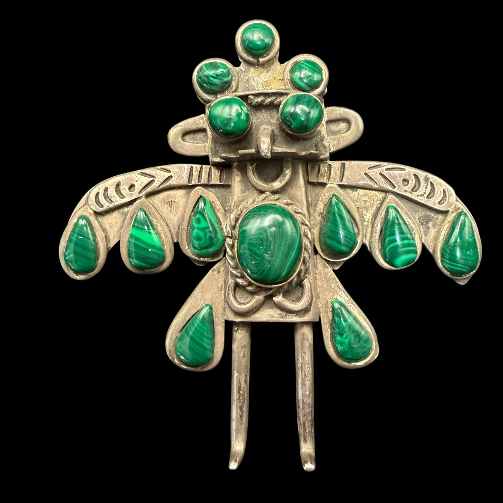 Eagle Bird Kachina Brooch Pin Necklace Pendant Sterling Silver Malachite 25.87g 925 Mexico Taxco (1 of 10)